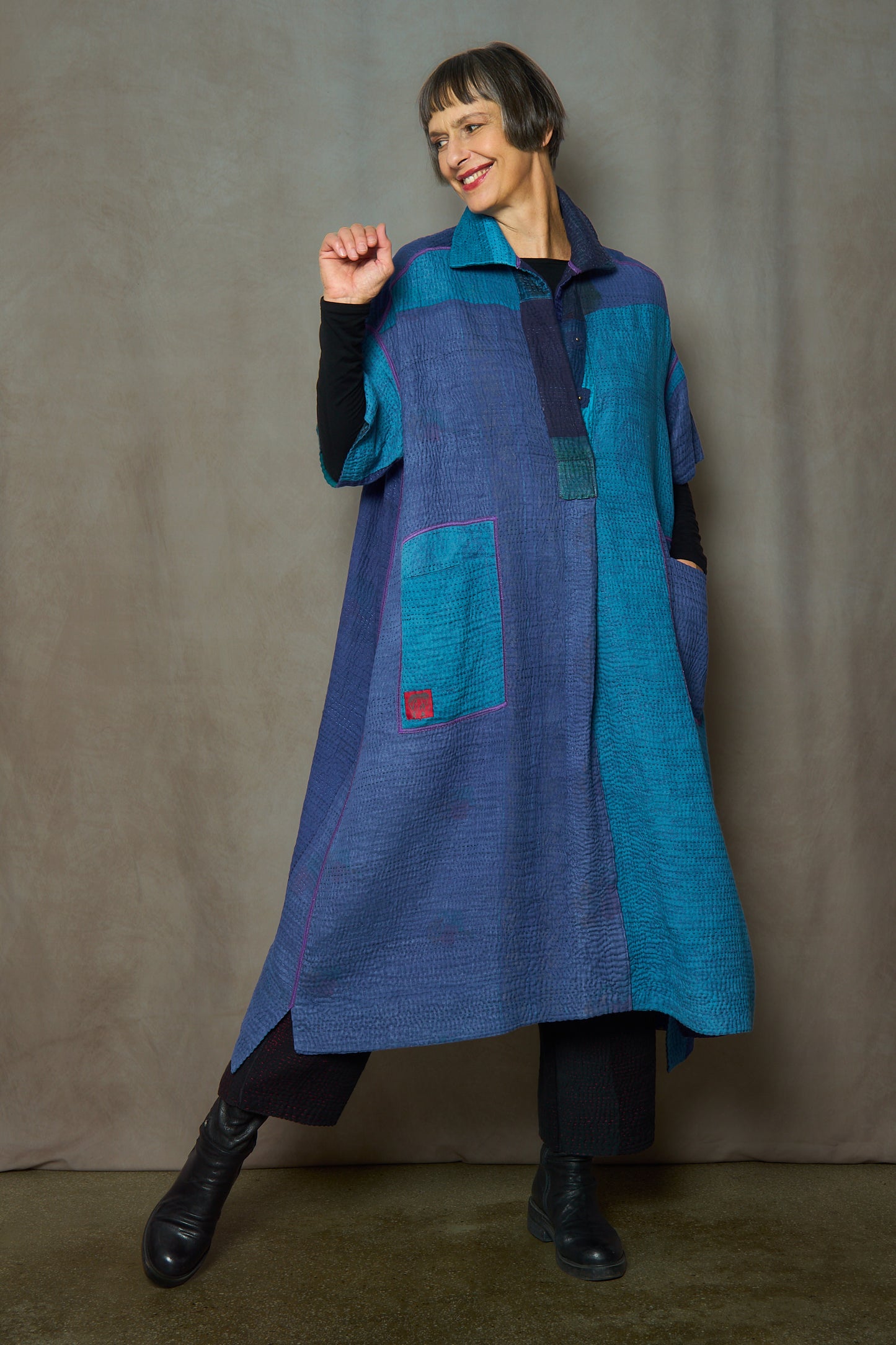 COTTON SILK SW PATCH OMBRE KANTHA WING COLLAR DRESS - wo4454-blu -