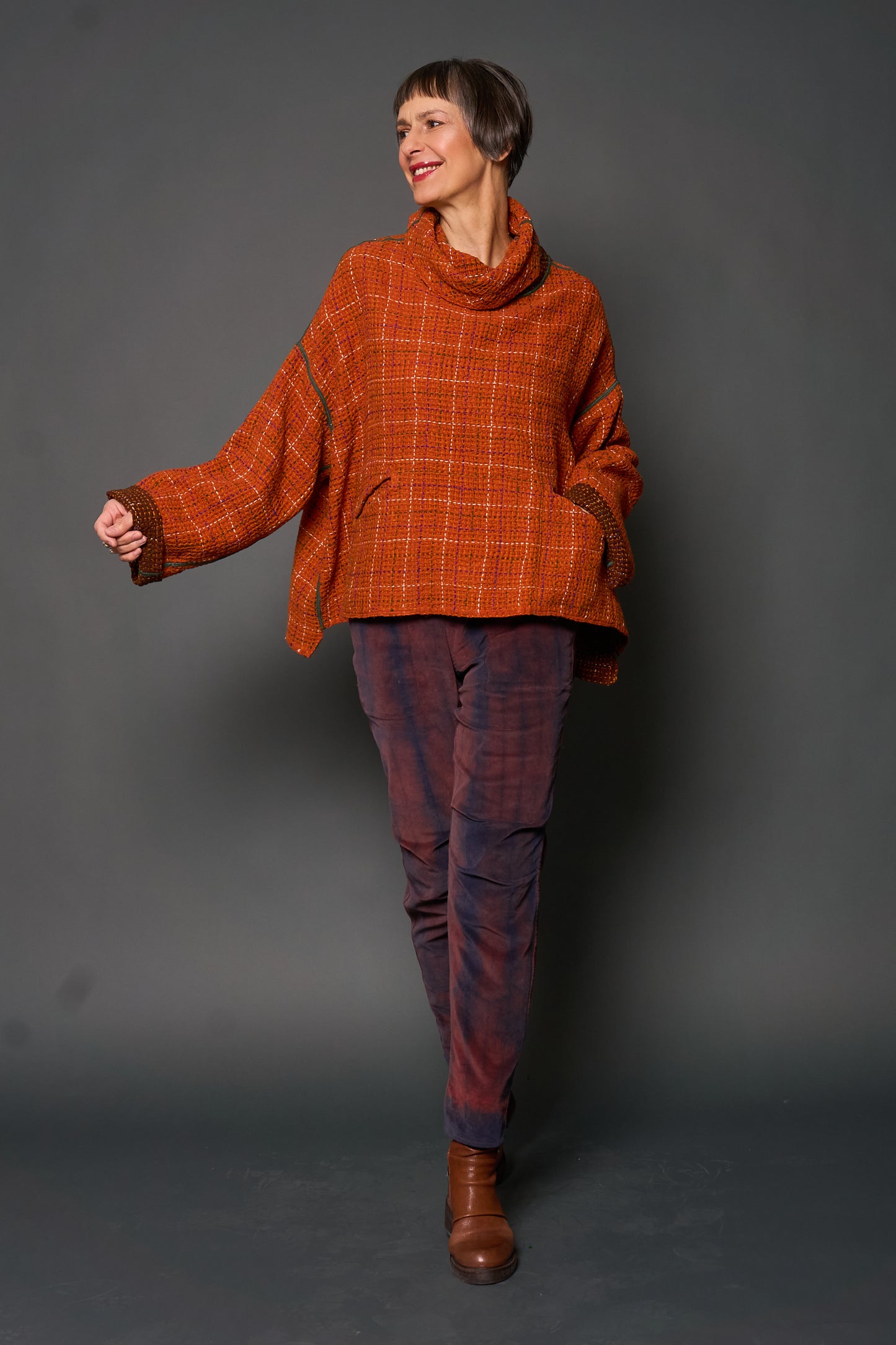 WOOL WAFFLE KANTHA NEW COWL NECK PONCHO - ww3083-org -