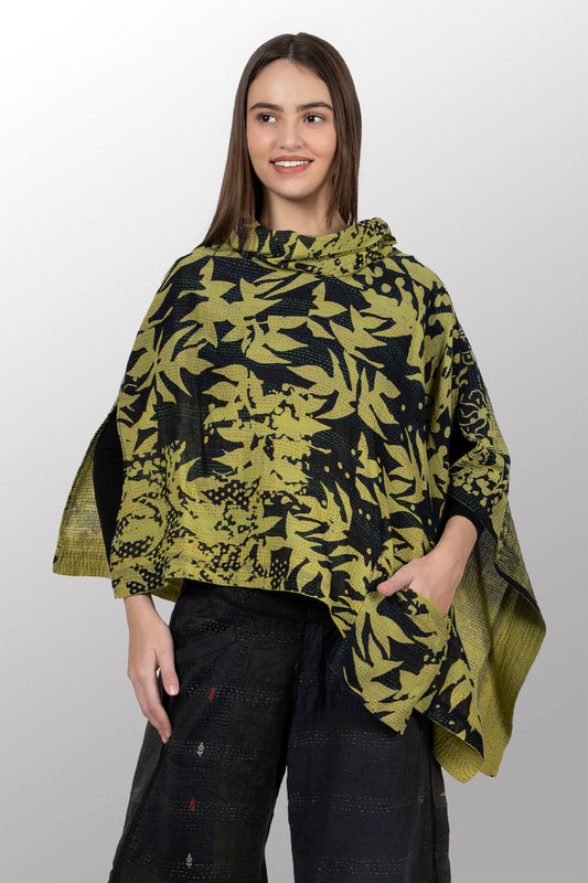 MONOTONE TWILIGHT PRINT KANTHA COWL NECK LONG CAPE - tp2842-cha -