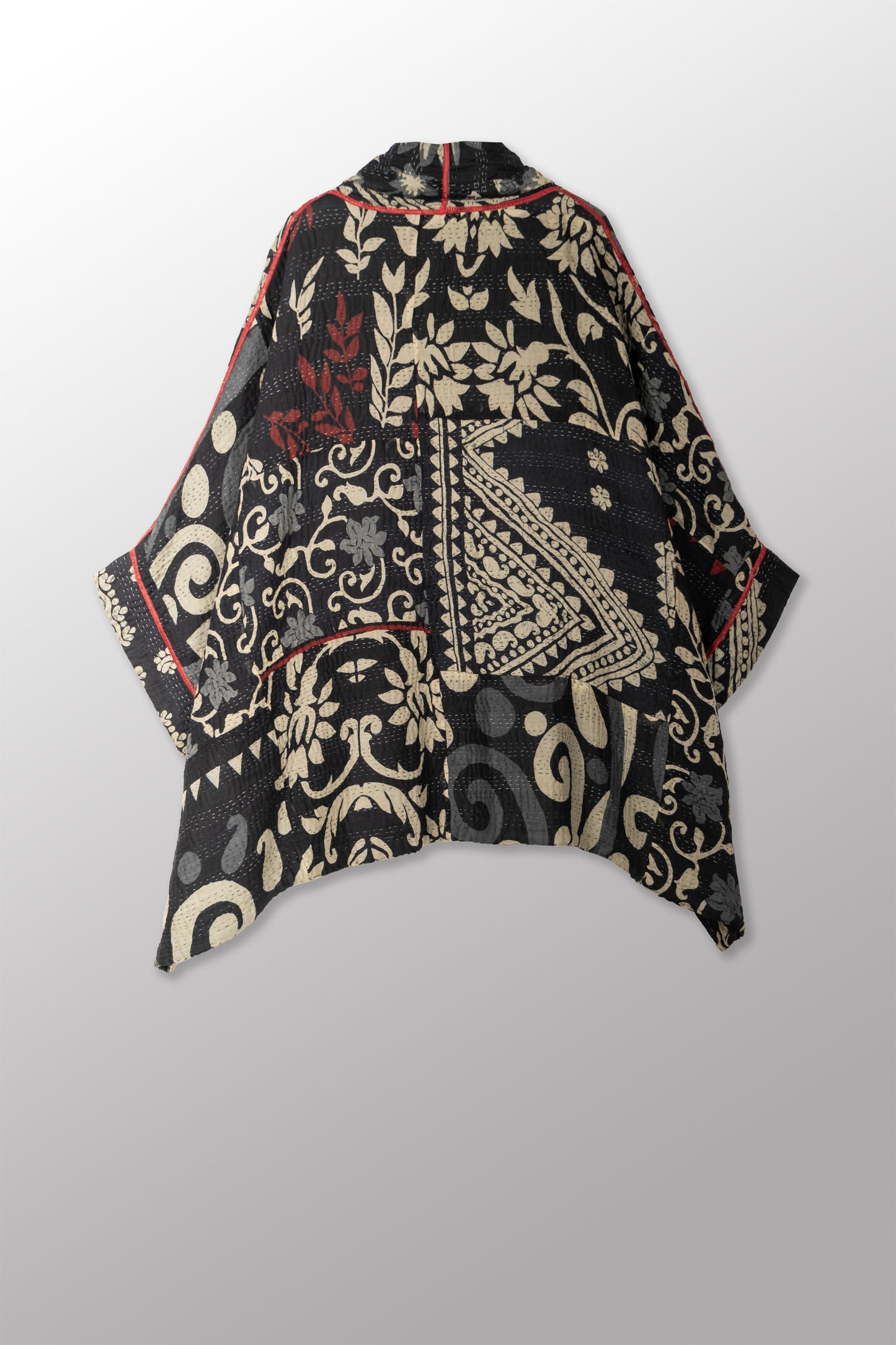 BLACK AND WHITE PRINT PATCH KANTHA DOUBLE COLLAR PONCHO - pn4323-blk -