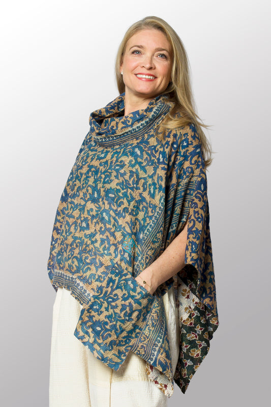 VINTAGE COTTON KANTHA COWL NECK LONG CAPE - cv2842-0002a -