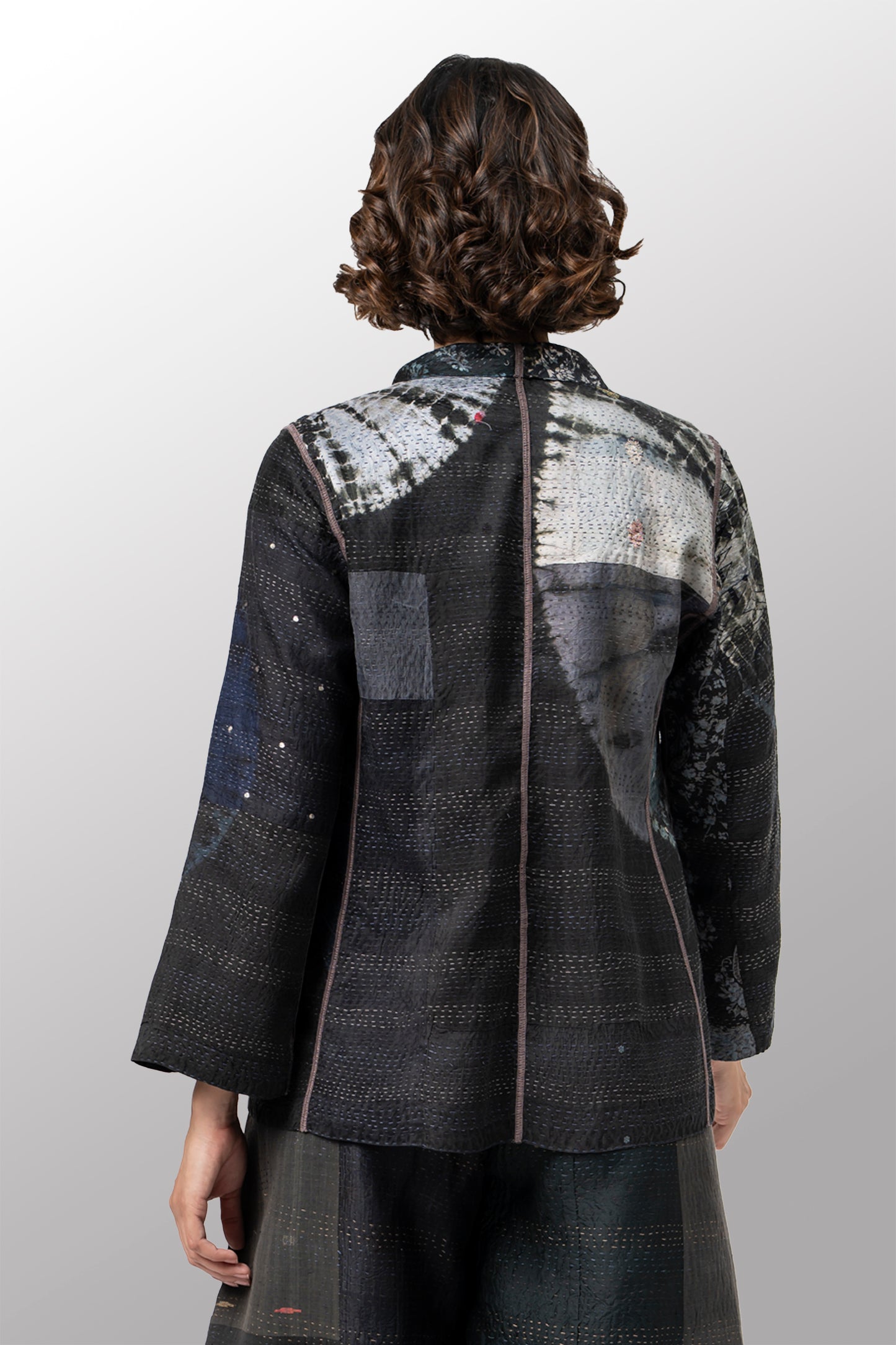 TIE DYE CIRCLE SHIBORI KANTHA SHORT JACKET - td2007-blk -