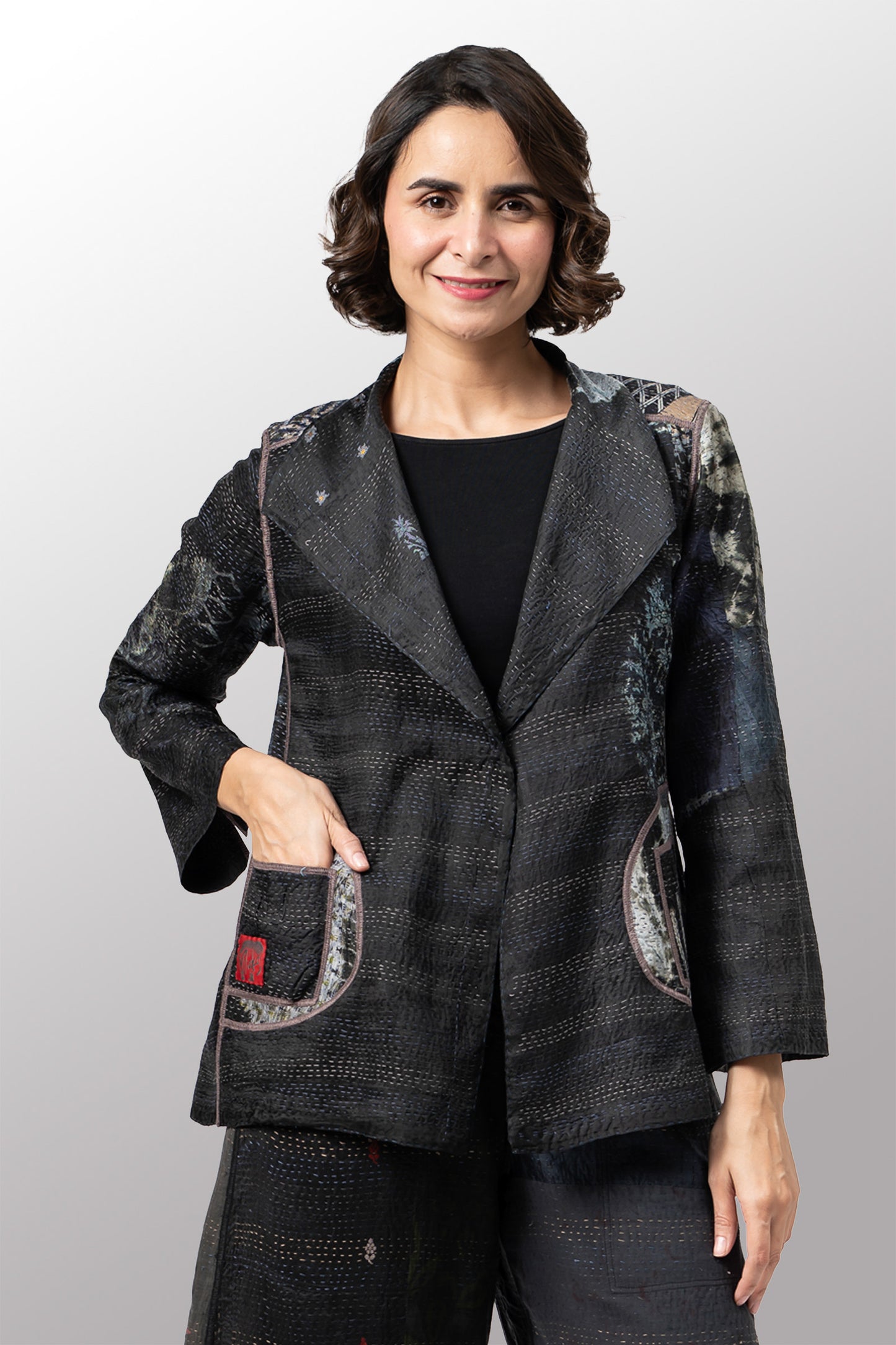 TIE DYE CIRCLE SHIBORI KANTHA SHORT JACKET - td2007-blk -