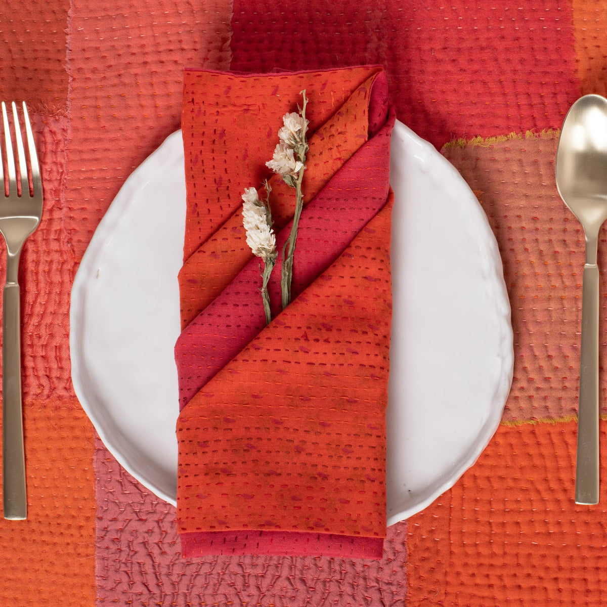 Mosaic Fray Handmade Vintage Kantha Napkin -Carrot (Set of 2)