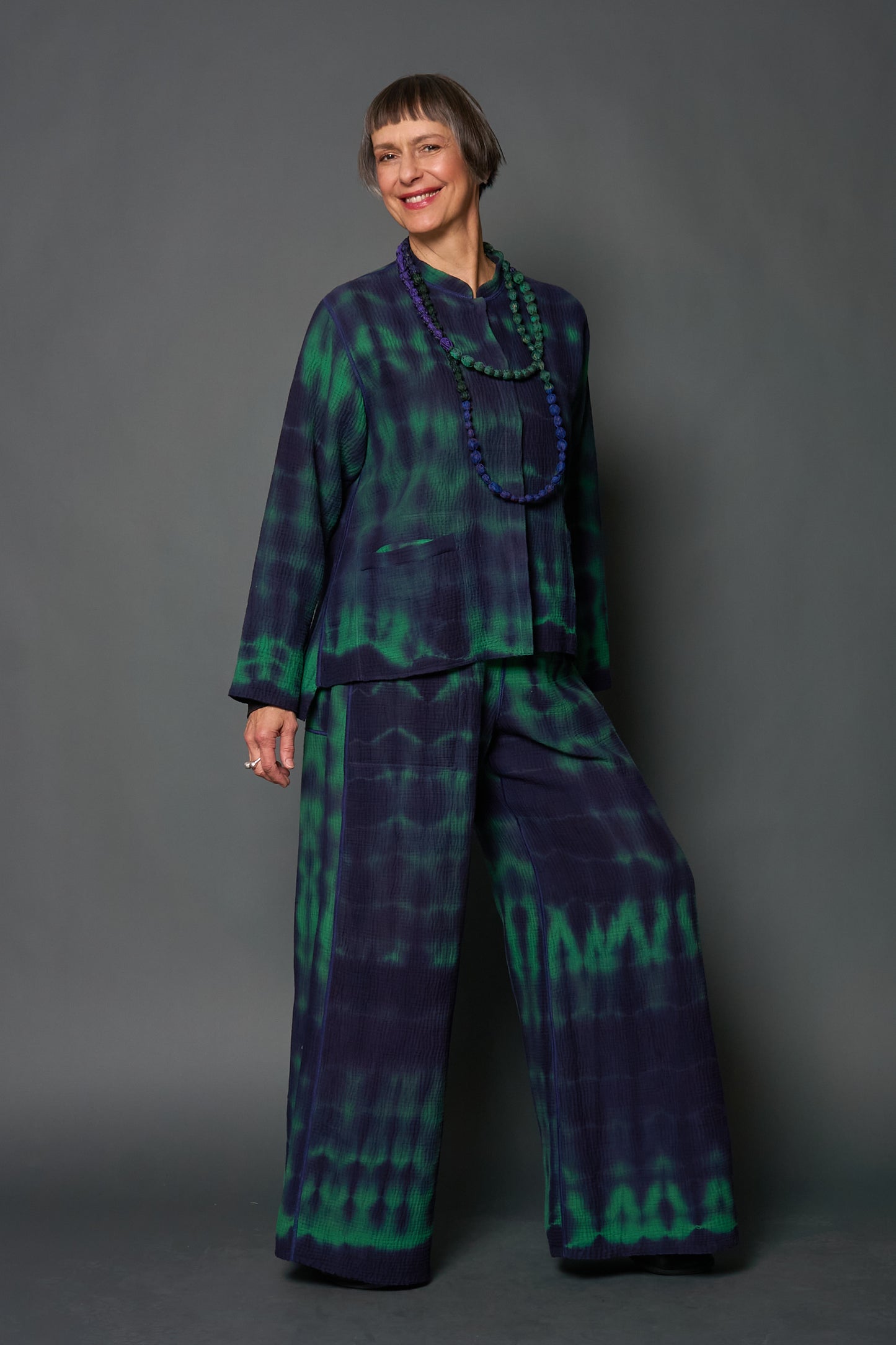 MONE SHIBORI TIE DYE KANTHA KAFTAN JACKET SHORT - ms4088-grn -