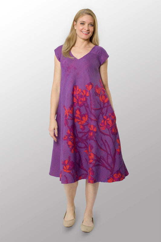 BLOOMING FLOWERS KANTHA CAP SLV. FLARE DRESS - bf4425-prp -