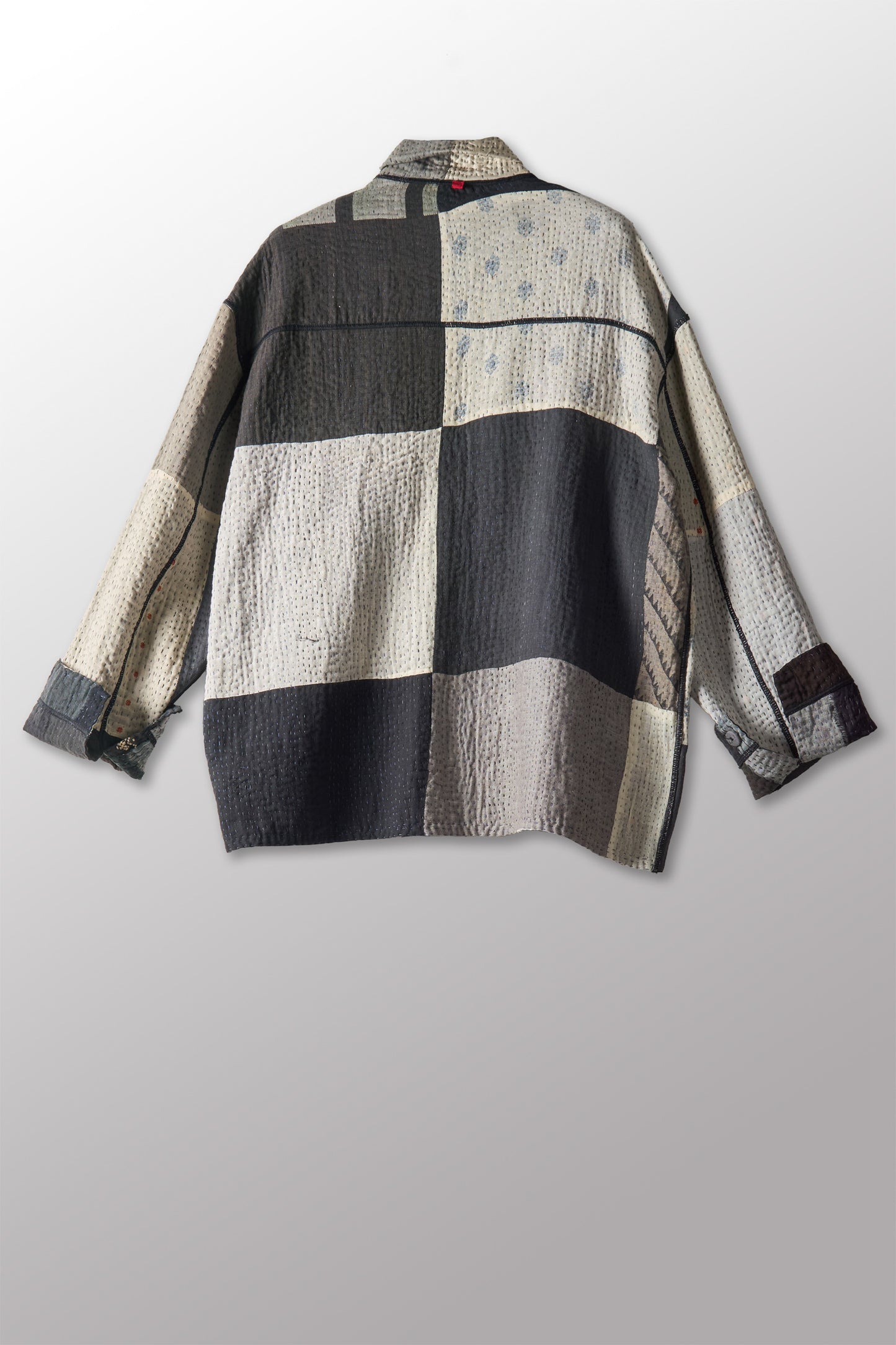 STRIPE AND CHECK COTTON SILK PATCH KANTHA WORKERS JACKET - ss4085-blk -