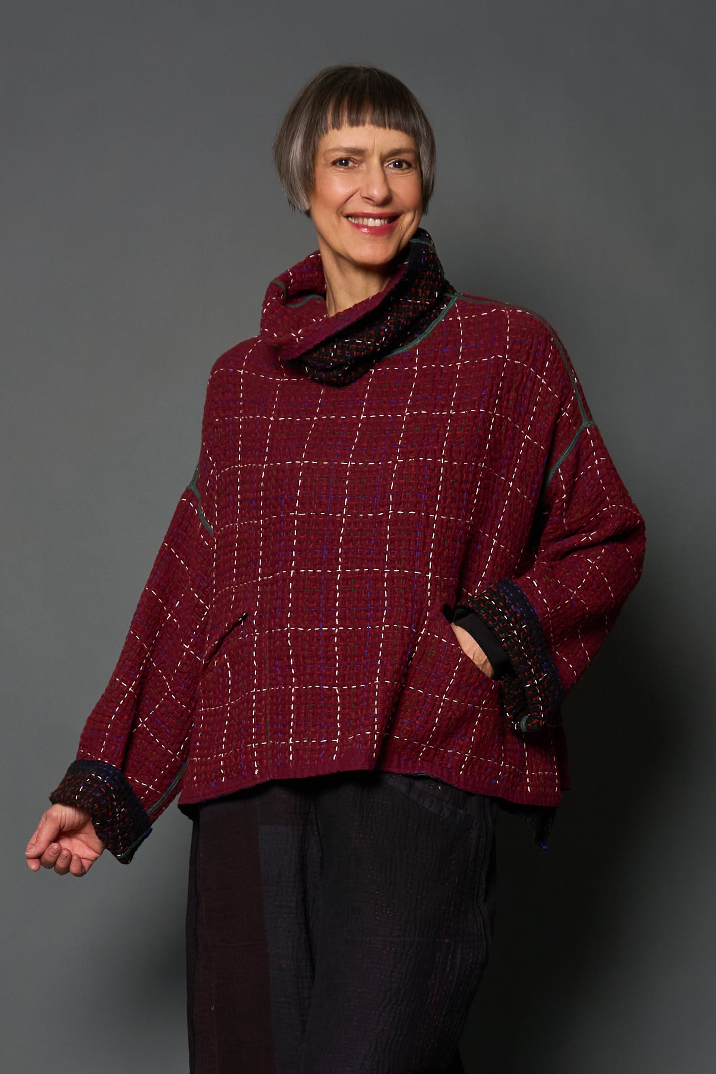 WOOL WAFFLE KANTHA NEW COWL NECK PONCHO - ww3083-red -