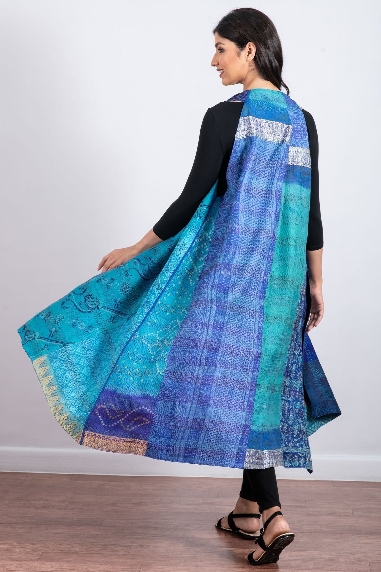 VINTAGE SILK PATCH KANTHA BACK PLEATED VEST MAXI - vp2222-blu -