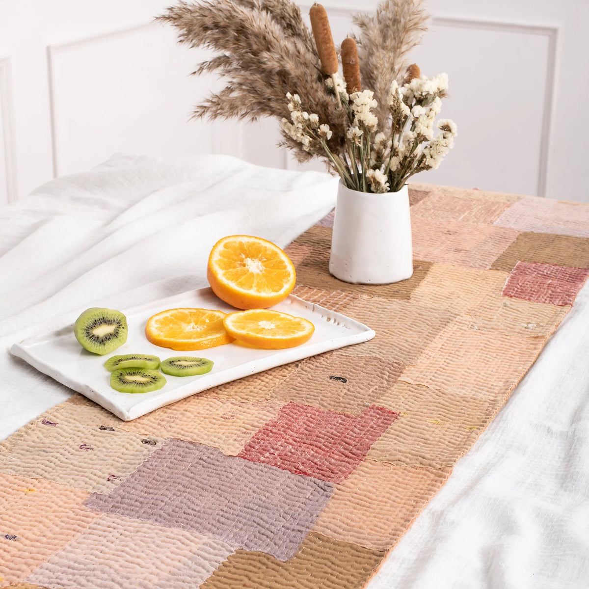 Mosaic Fray Patch Vintage Kantha Table Runner -Mushroom