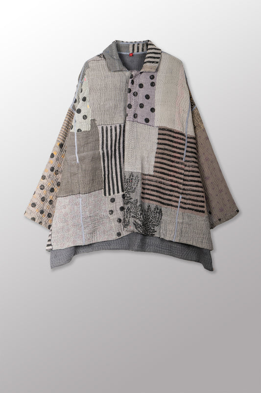 FRAYED PATCH KANTHA WITH STAMP RELAXED SHIRT JACKET - sp-fi4j105-gry -