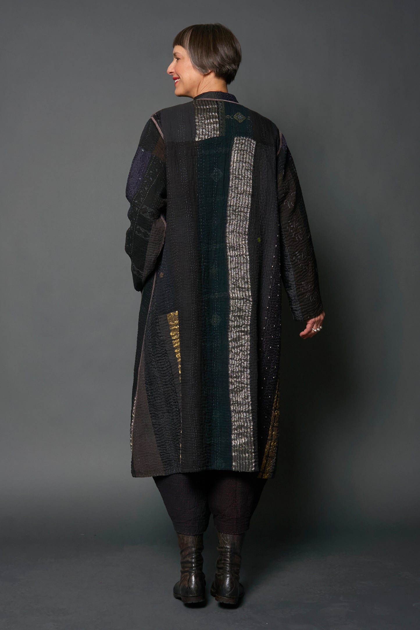 JEWEL WOVEN WITH VERTICAL PATCH KANTHA KAFTAN COAT - jv4343-blk -