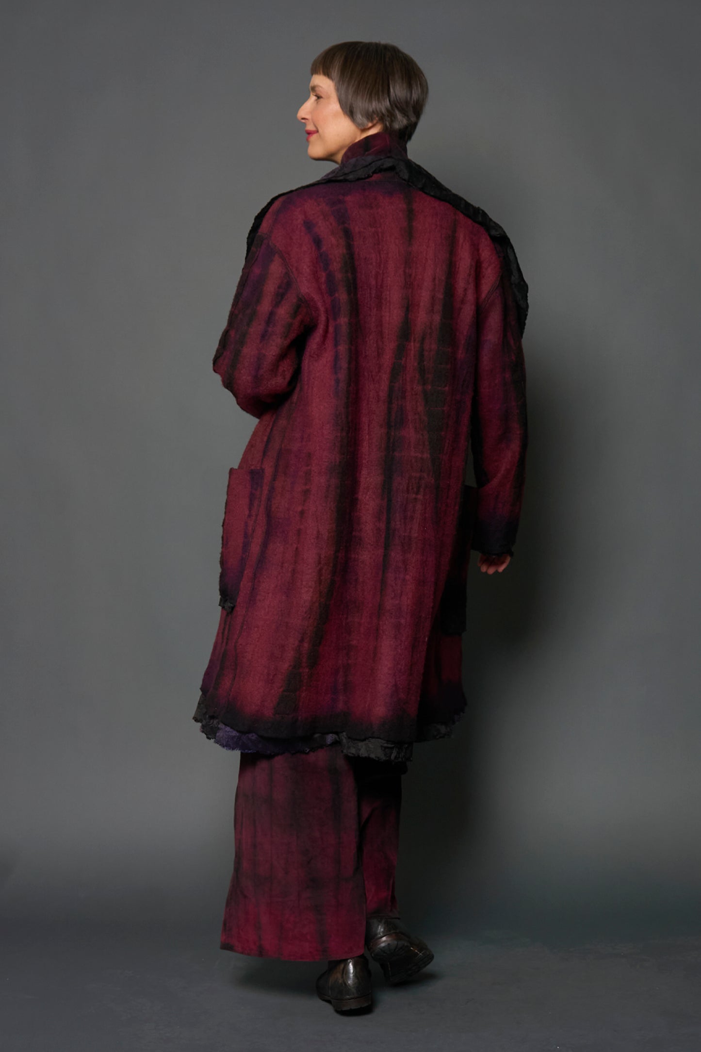 SHIBORI TIE DYE BOILED WOOL WITH JACQUARD PETAL COLLAR COAT - tb2354-pik -