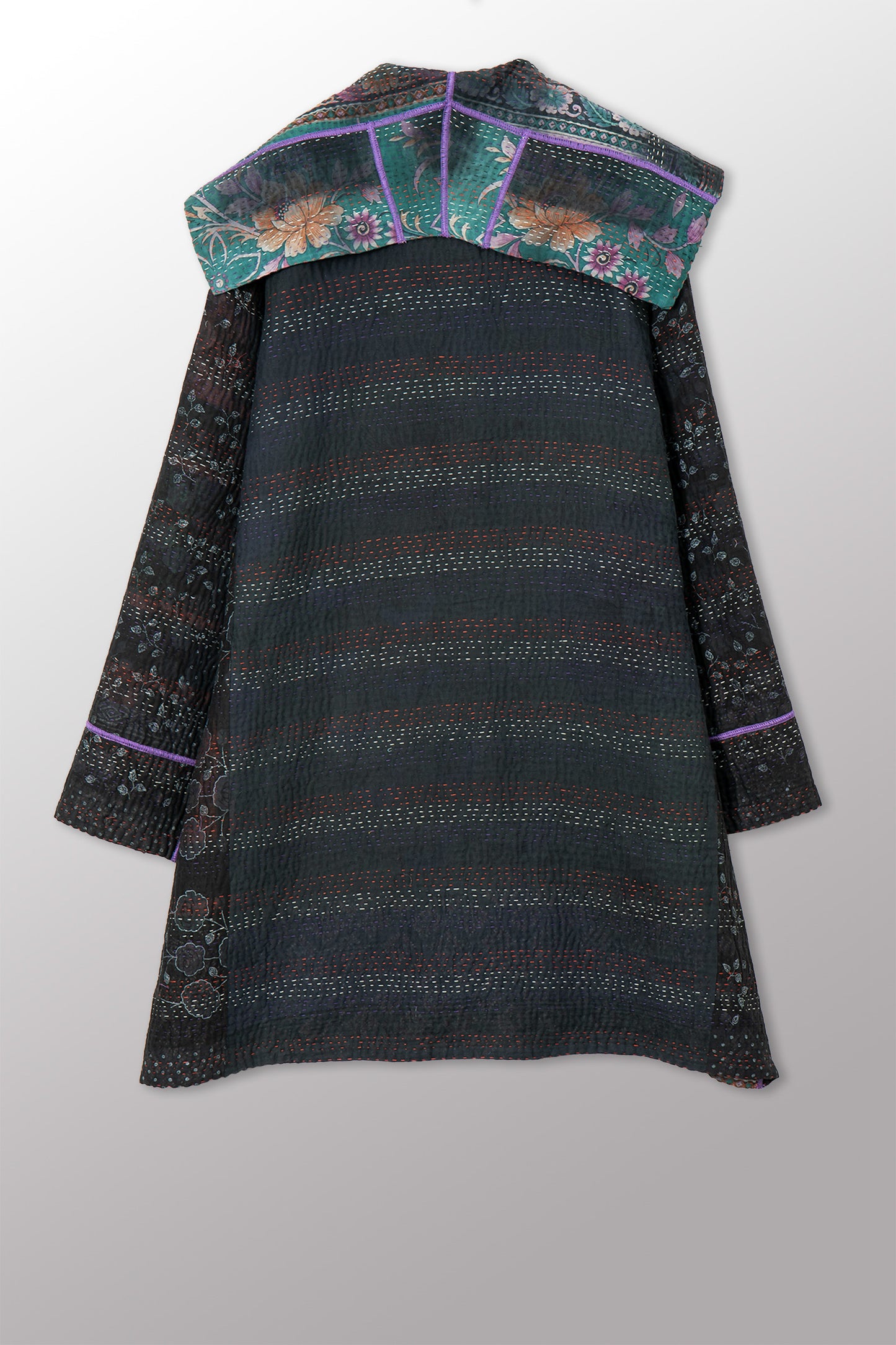 VINTAGE COTTON GREY CLAMP TIE DYE KANTHA POCKET MEDIUM COAT - su4316-0001m -