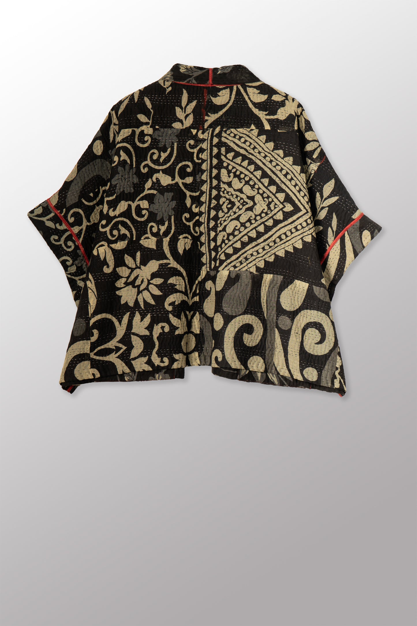 BLACK AND WHITE PRINT PATCH KANTHA MINI PONCHO - pn4060-blk -