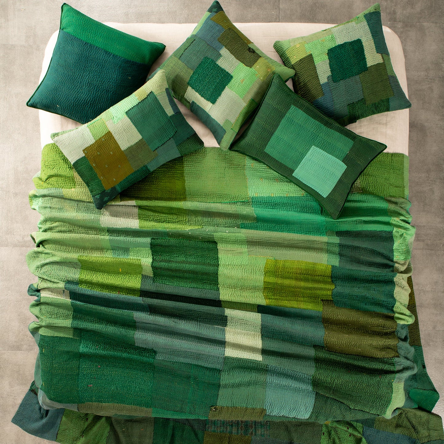 Landscape Handmade Vintage Kantha Bedcover -Green -
