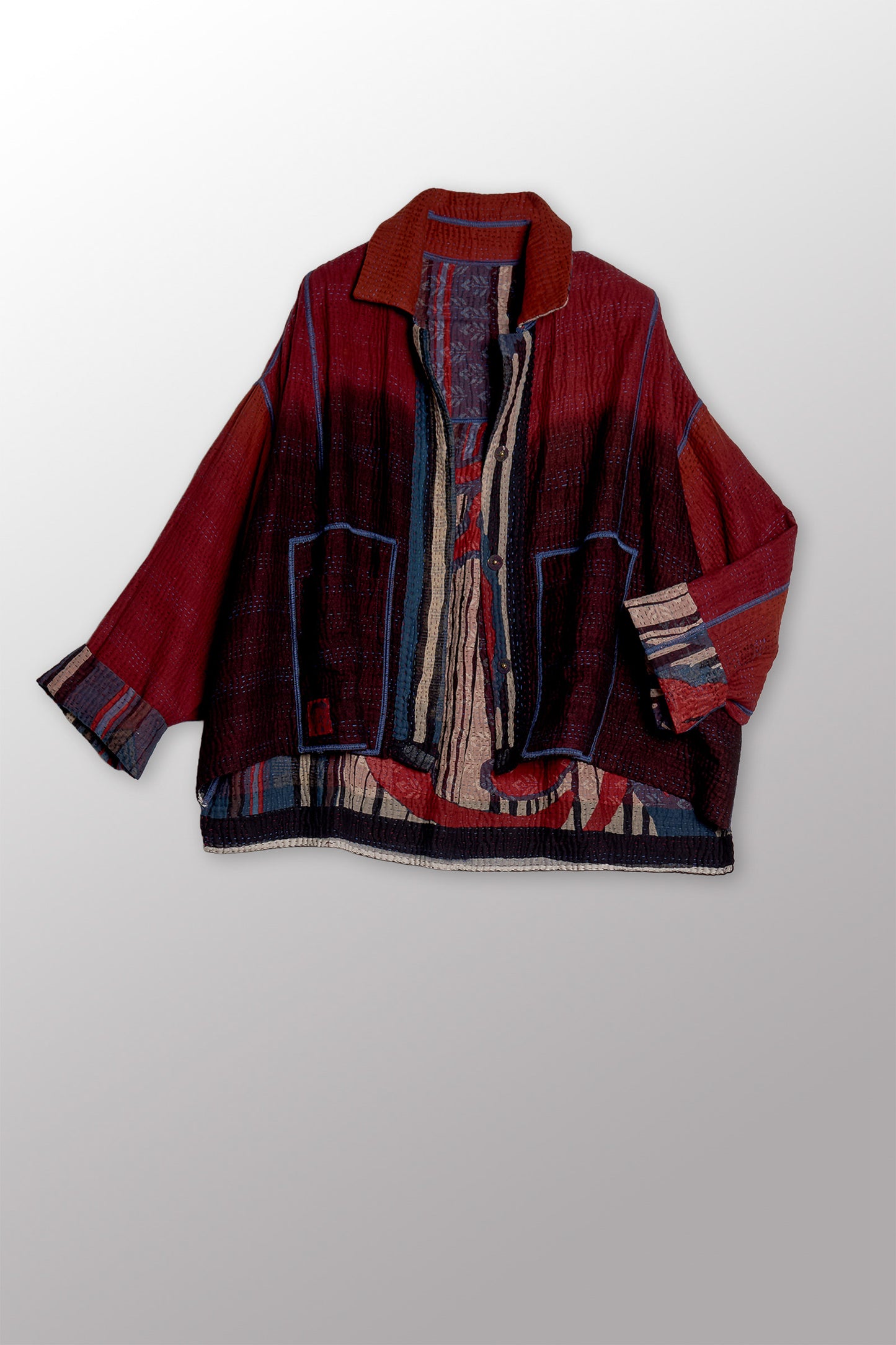 STRIPE AND BENDS KANTHA CROPPED SHIRT JACKET - sb4075-red -