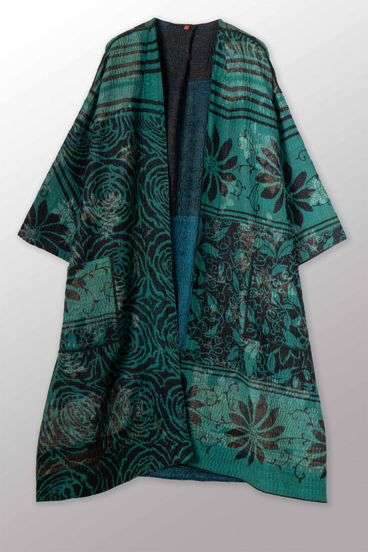EMERALD GREEN KANTHA LONG DUSTER - eg4328-tel -