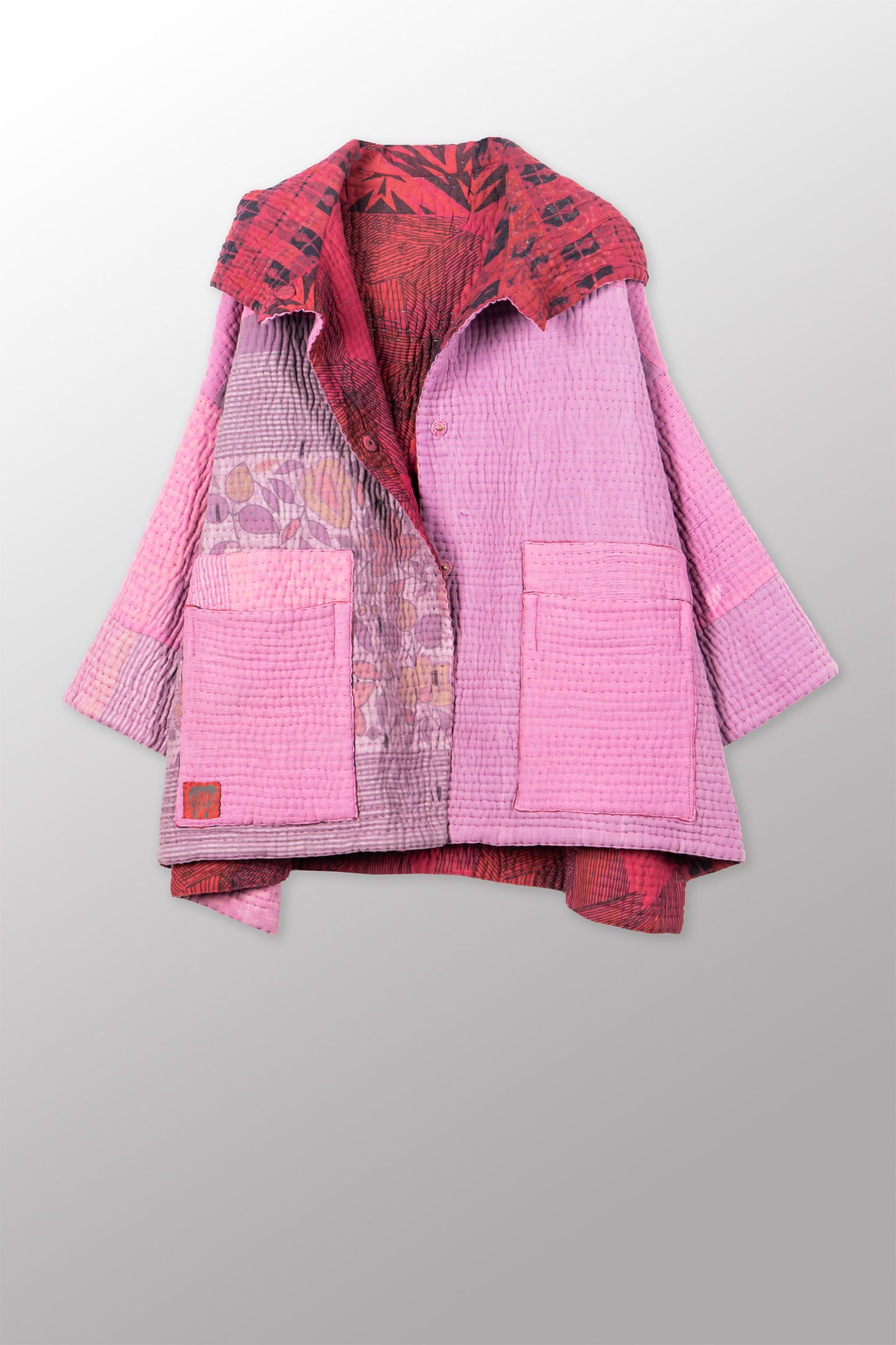 QUILTED OVERDYE COTTON KANTHA HOODIE PONCHO - oq5064-cred003a -