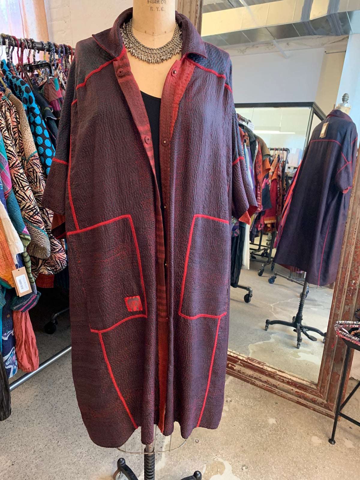 INDONESIAN PRINT KANTHA WIDE SHIRT DRESS - in2448-red -
