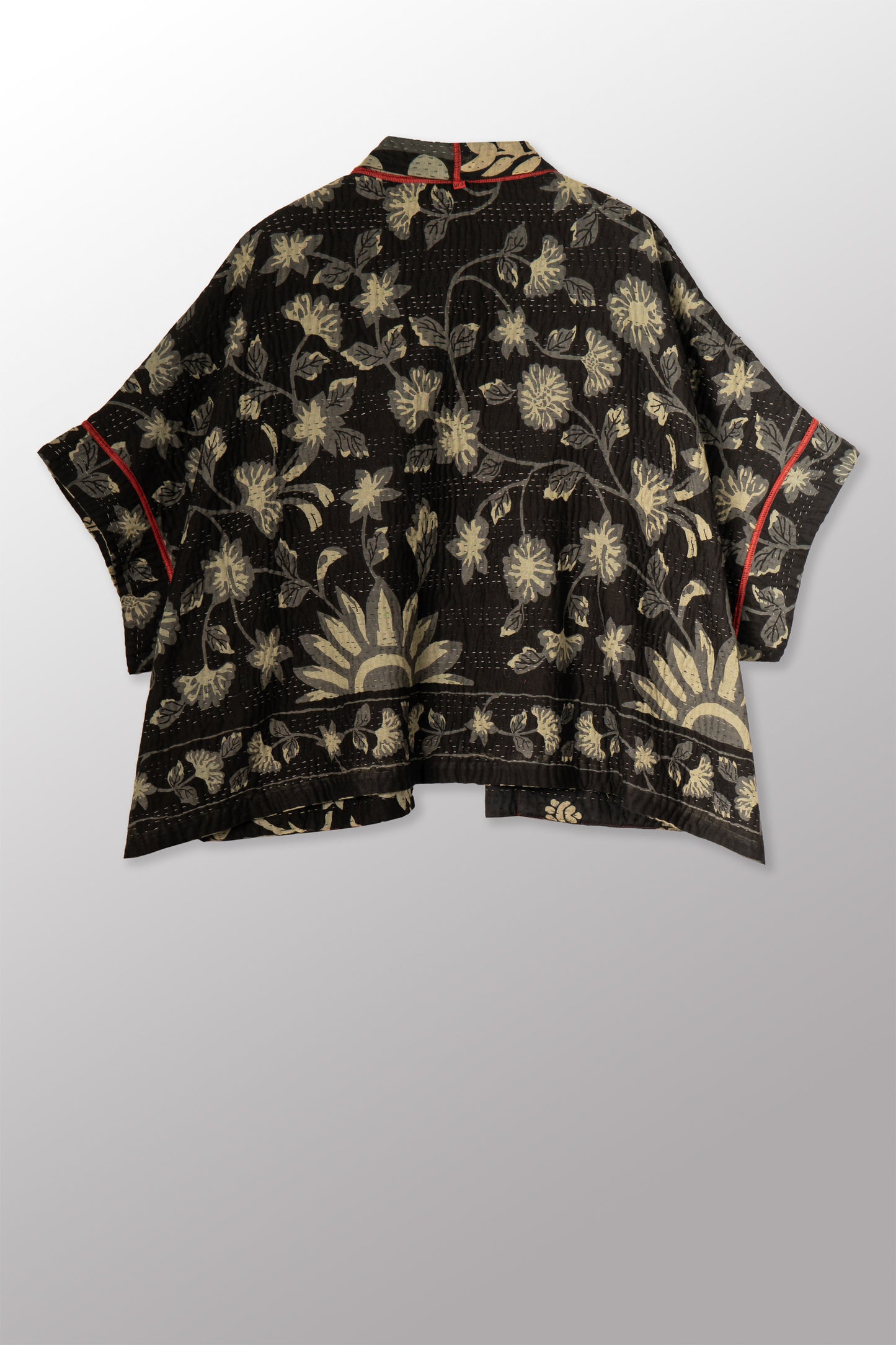 BLACK AND WHITE PRINT PATCH KANTHA MINI PONCHO - pn4060-blk -