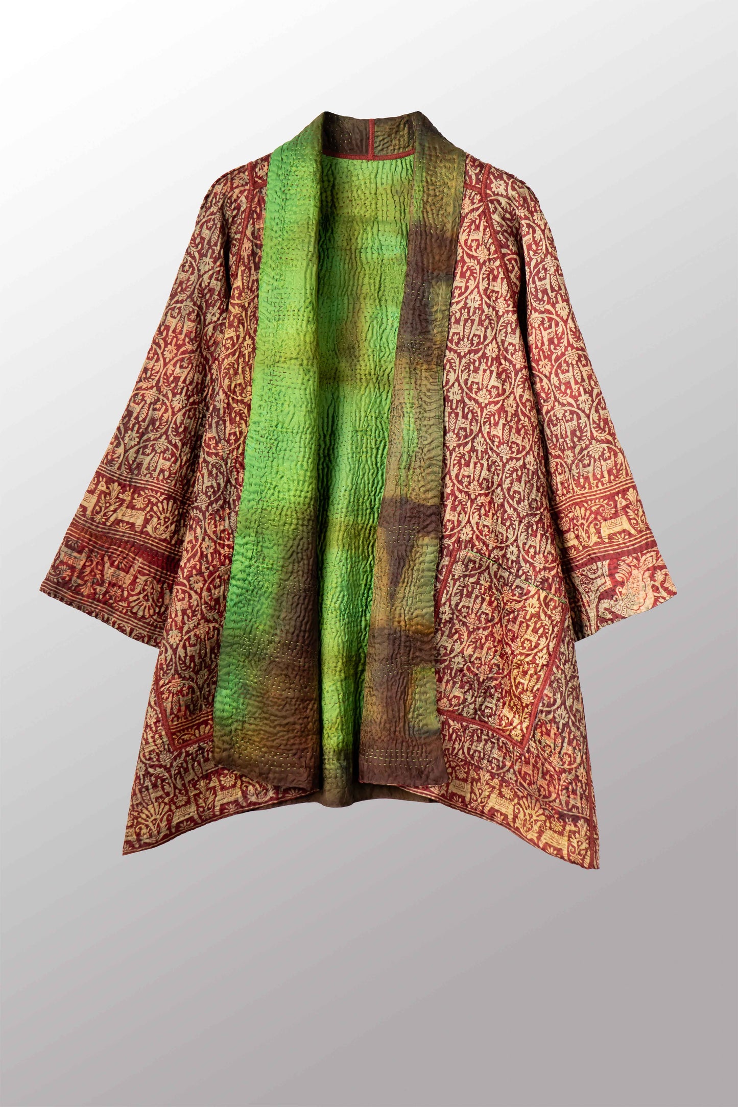VINTAGE JACQUARD CLAMP DYE WITH PRINTED SILK KANTHA A-LINE JACKET - jk4003-0002a -