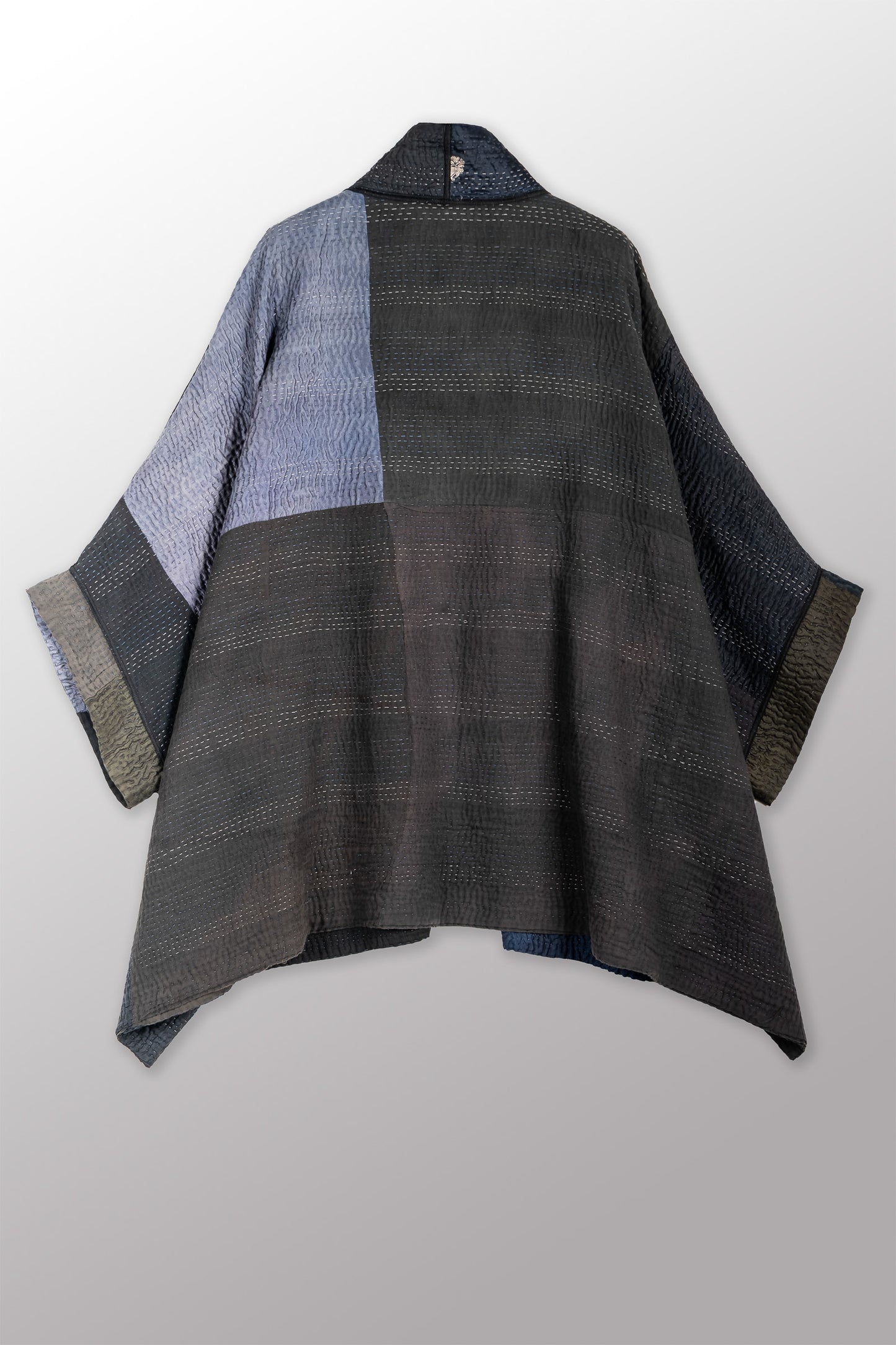 JAIPUR PATCH KANTHA DOUBLE COLLAR PONCHO - jp4323-blk -