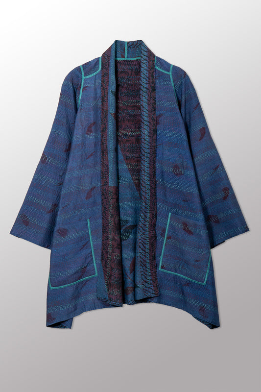 VINTAGE SILK GEORGETTE COTTON KANTHA A-LINE JKT - gc2003-0037a -