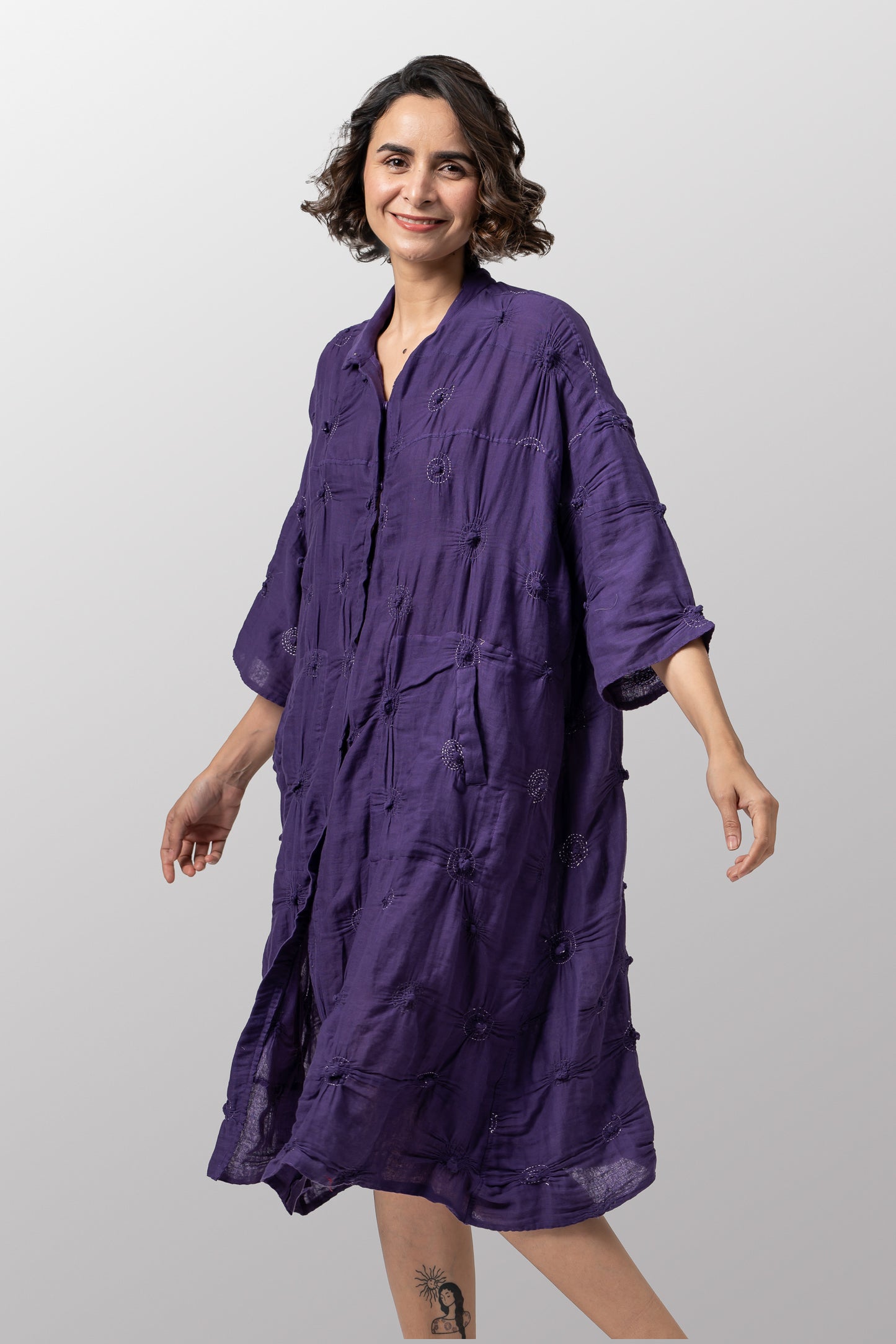 SPIRAL GARMENT KANTHA 3/4 SLV. SHIRT DRESS - sl2464-prp -