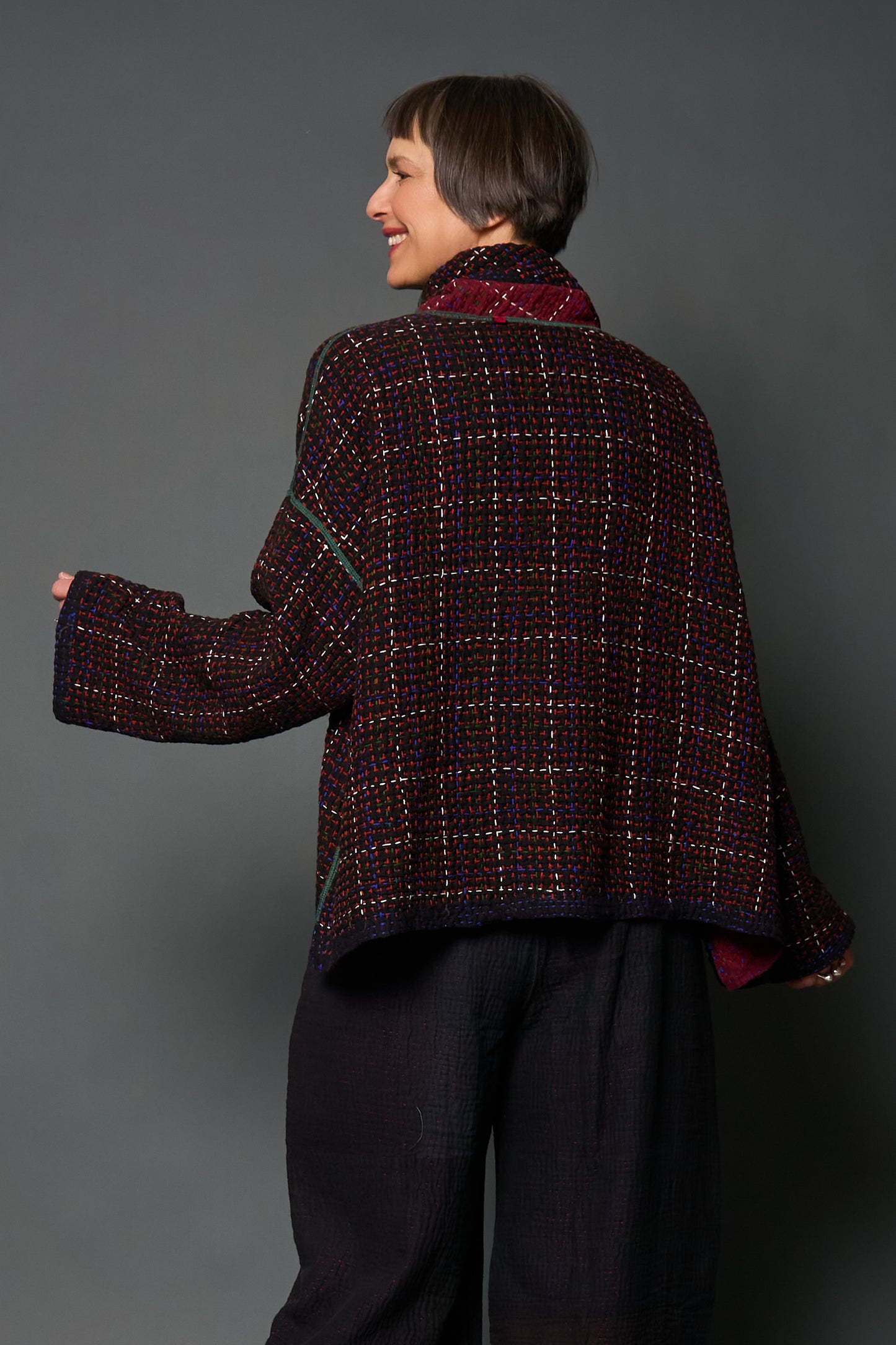 WOOL WAFFLE KANTHA NEW COWL NECK PONCHO - ww3083-red -