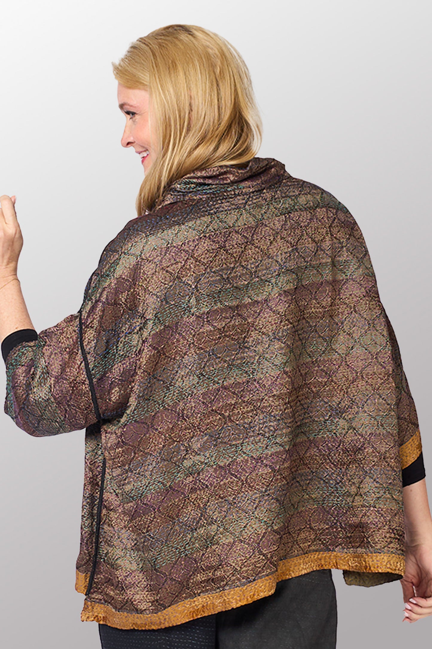 GEORGETTE JACQUARD VINTAGE SILK PATCH KANTHA COWL NECK PONCHO - gj2061-0001a -