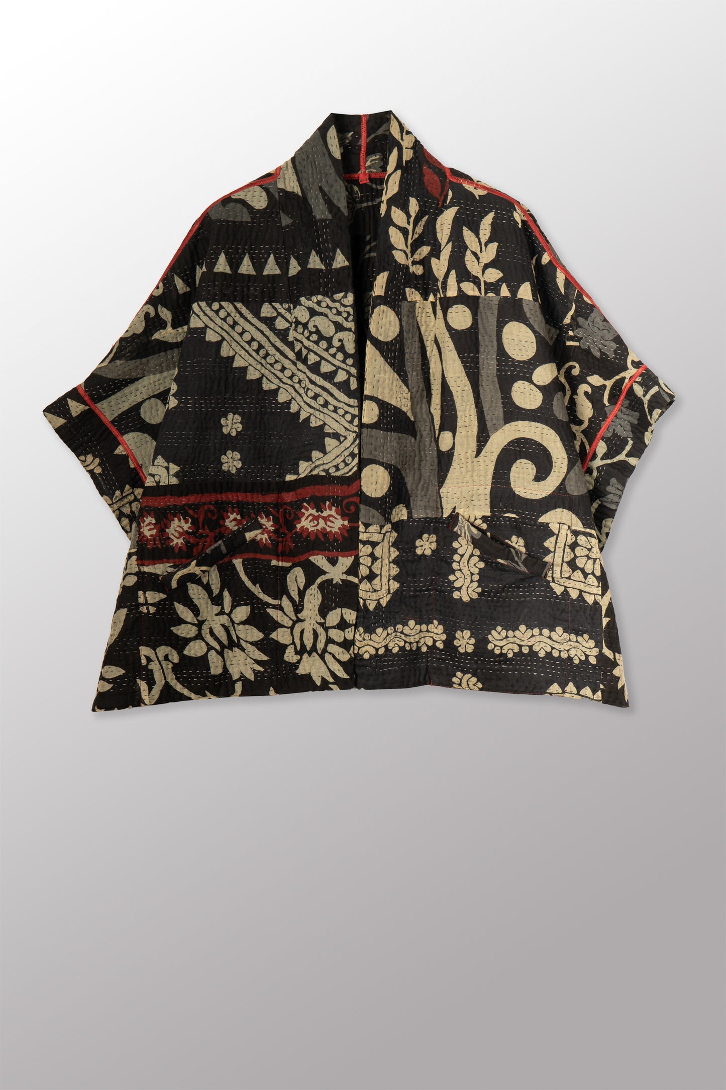 BLACK AND WHITE PRINT PATCH KANTHA MINI PONCHO - pn4060-blk -