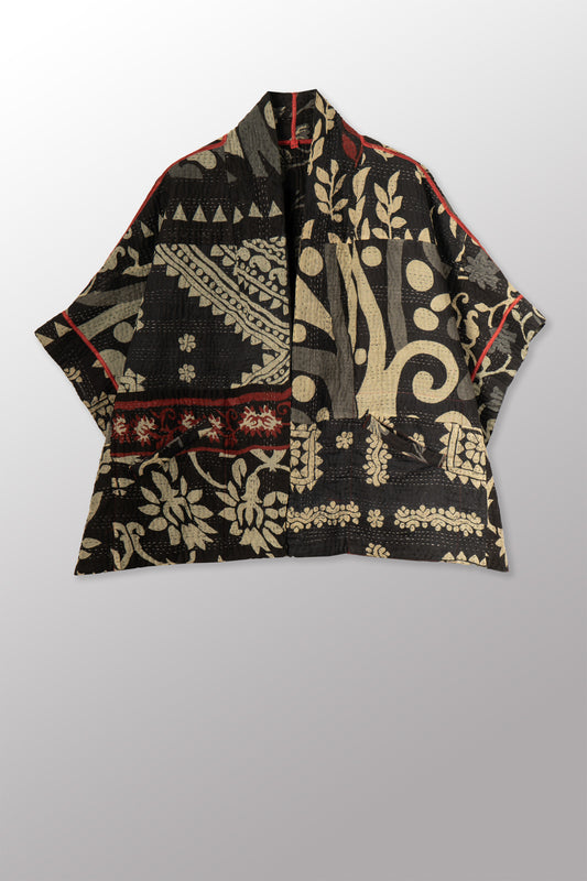 BLACK AND WHITE PRINT PATCH KANTHA MINI PONCHO - pn4060-blk -