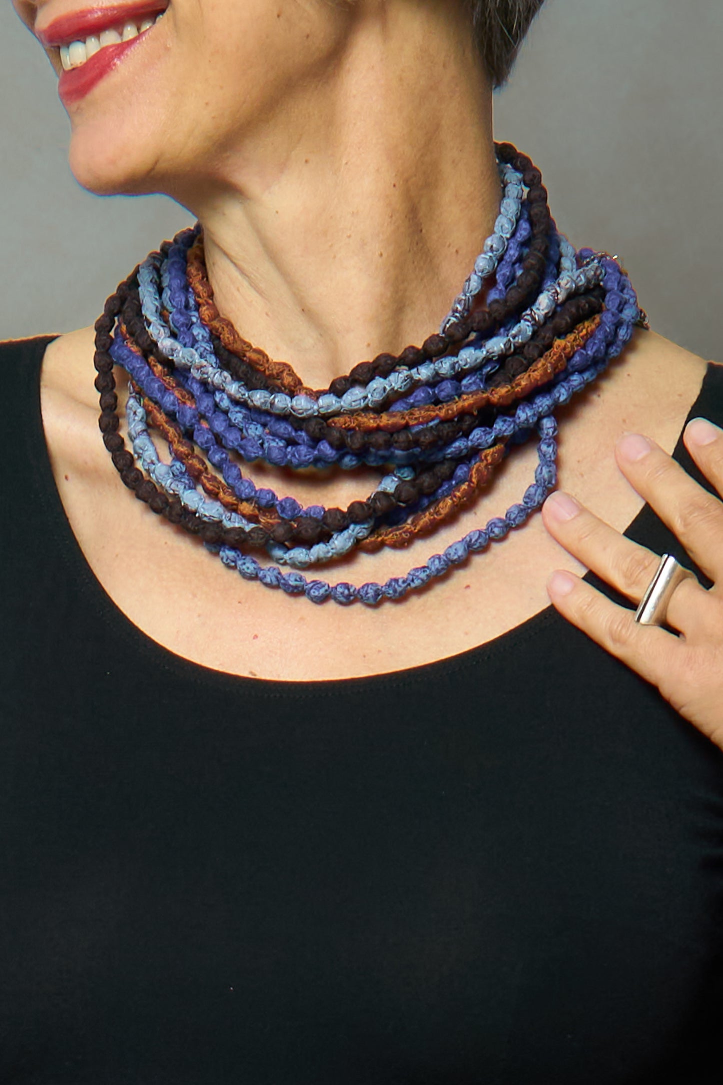 VINTAGE SILK KANTHA 5 STRAND NECKLACE - sv2730-blu -