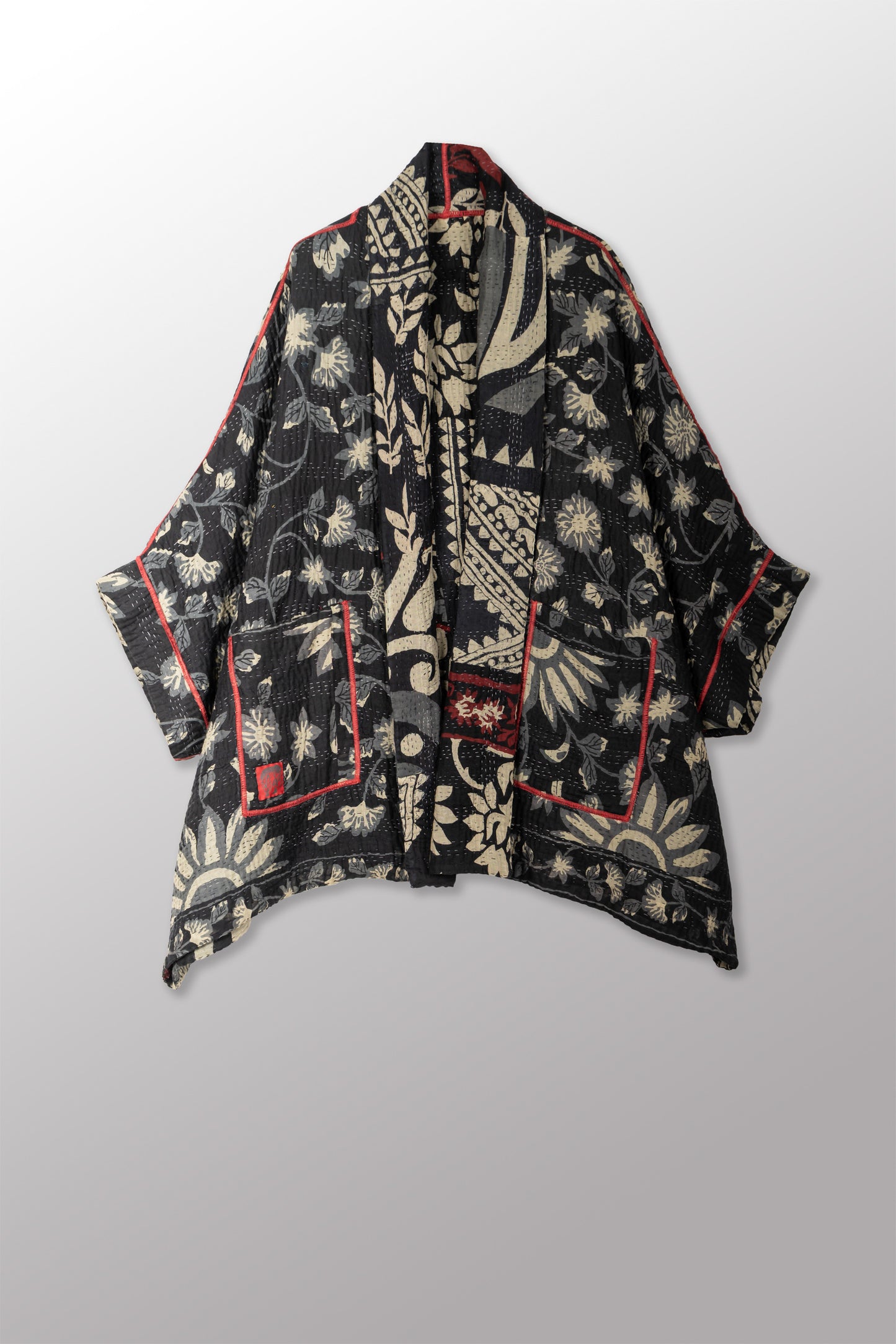 BLACK AND WHITE PRINT PATCH KANTHA DOUBLE COLLAR PONCHO - pn4323-blk -