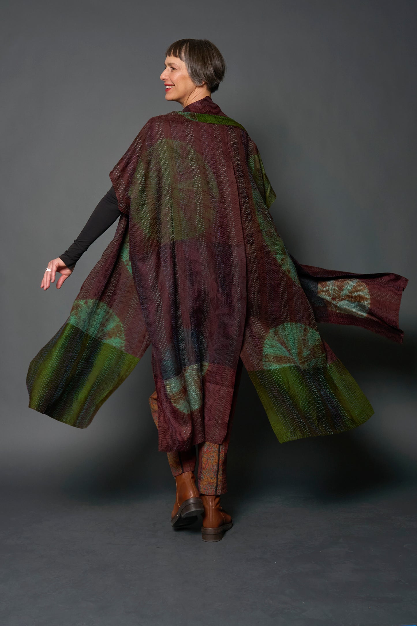 JACQUARD SILK PATCH TIE DYE CIRCLE SHIBORI KANTHA PONCHO DRESS - wj2443-grn -