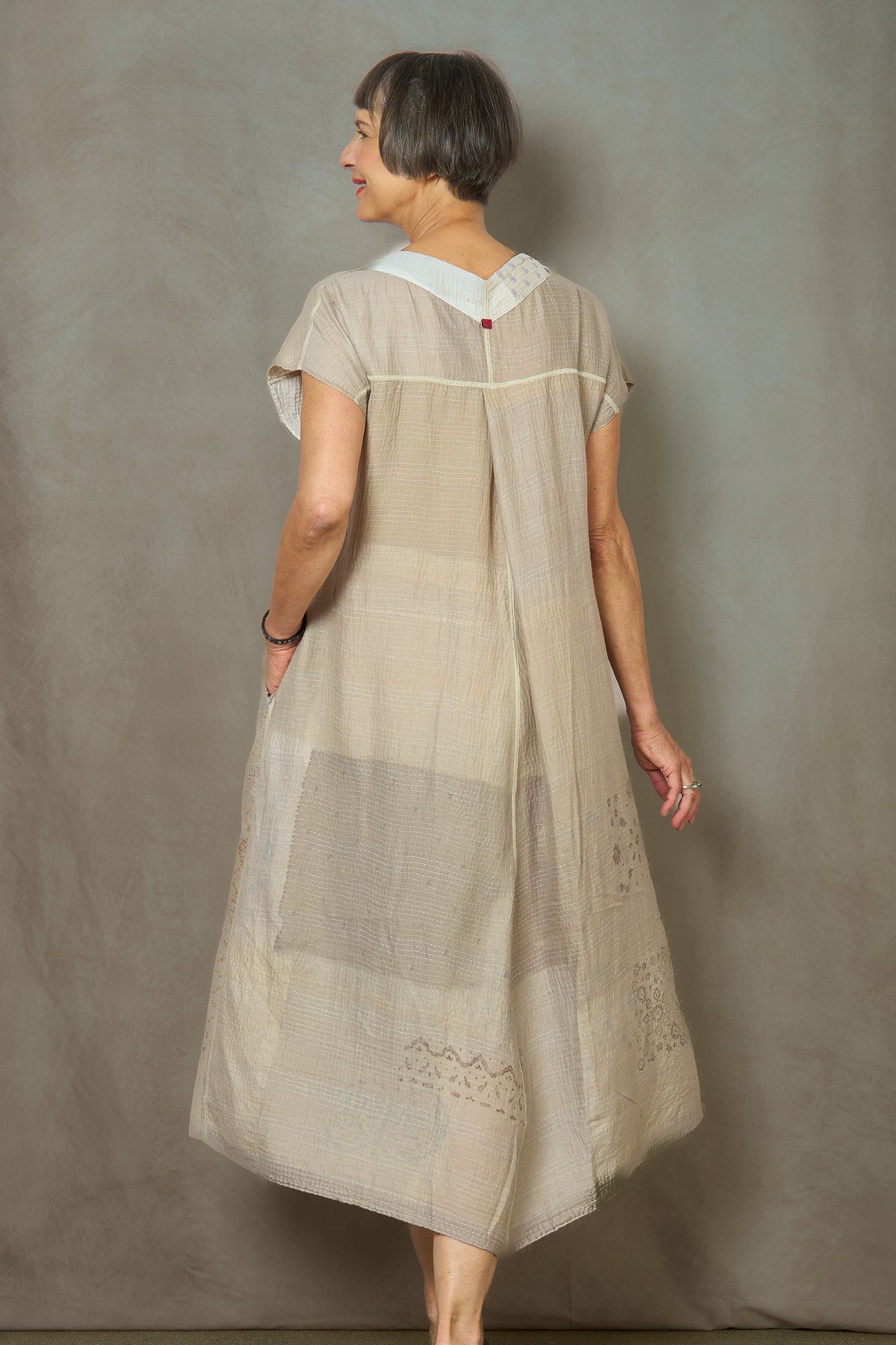 MOSAIC FRAY PATCH KANTHA V-NECK FRENCH SLV. DRESS - zb2467-ivy -