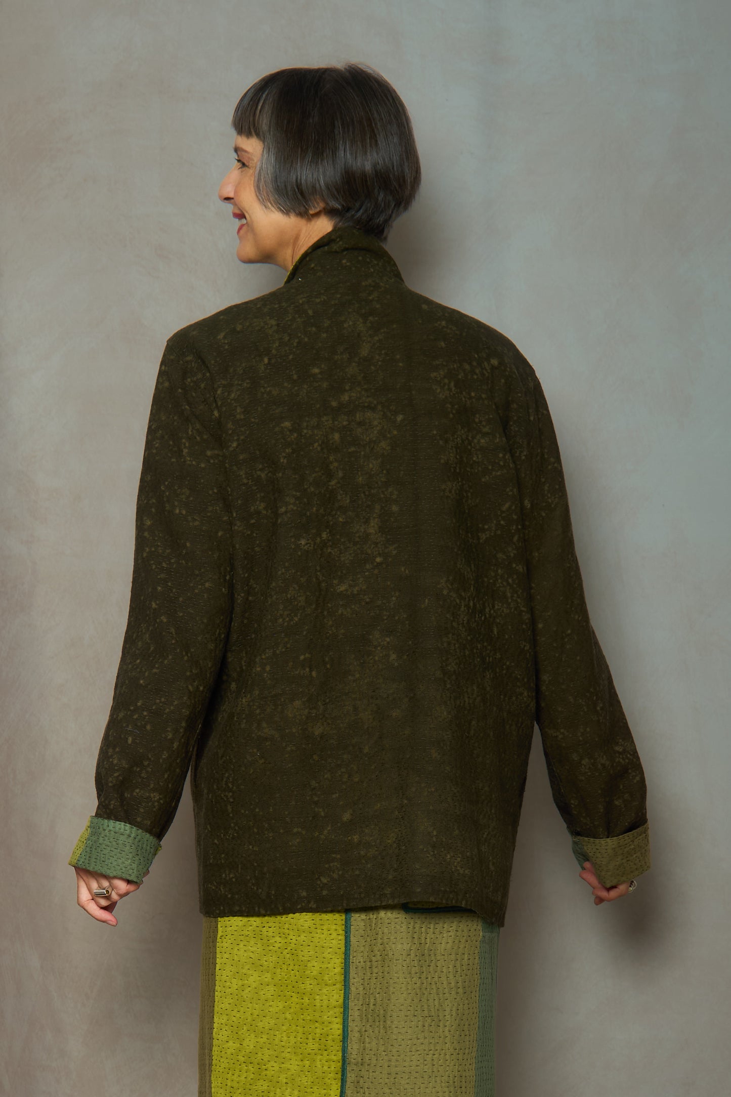 DUCK SUN DYE WITH PATCH KANTHA SIMPLE MEN'S JACKET - us2072-grn -