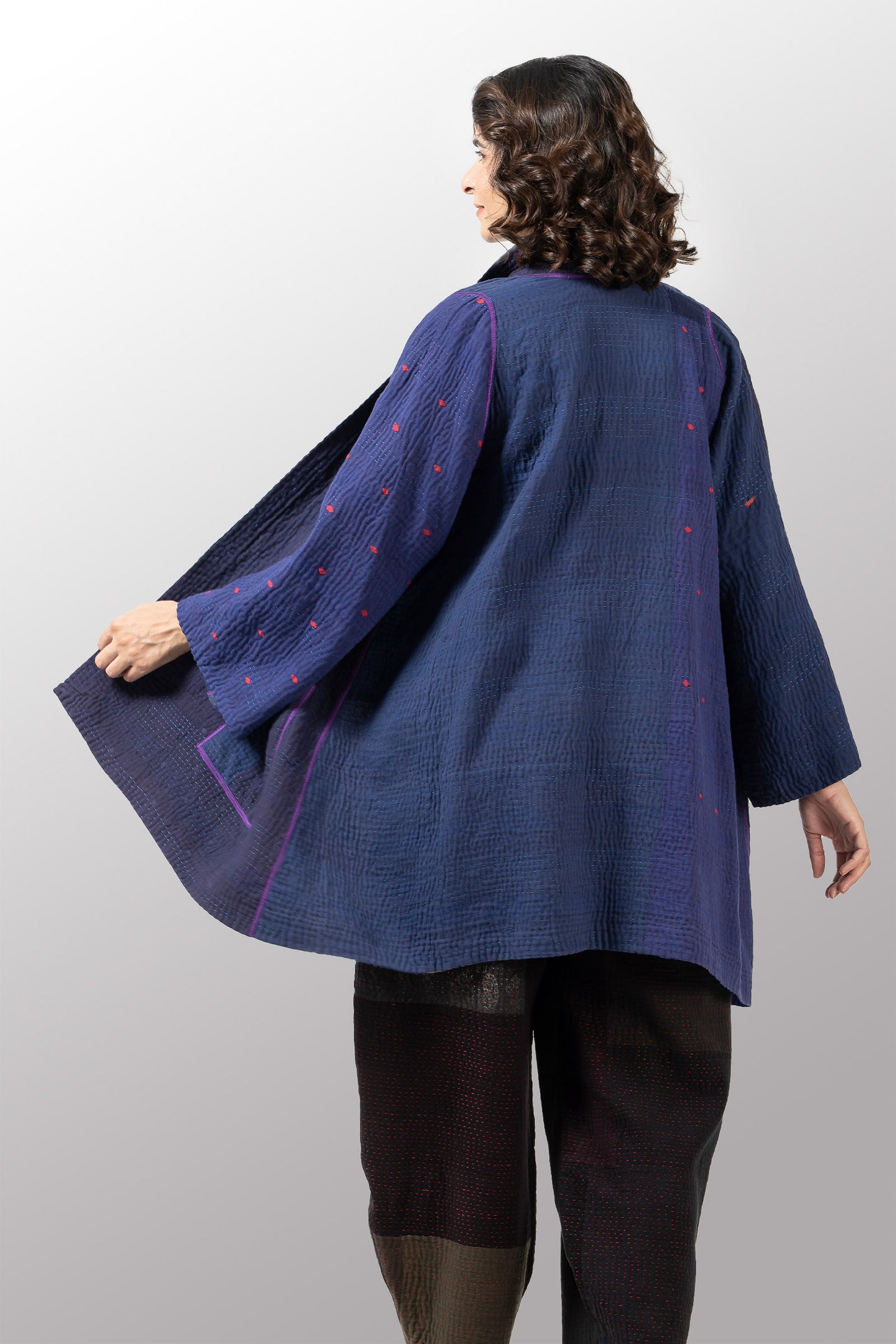 COTTON SILK SW PATCH KANTHA A-LINE JKT - ws4003-nvy -