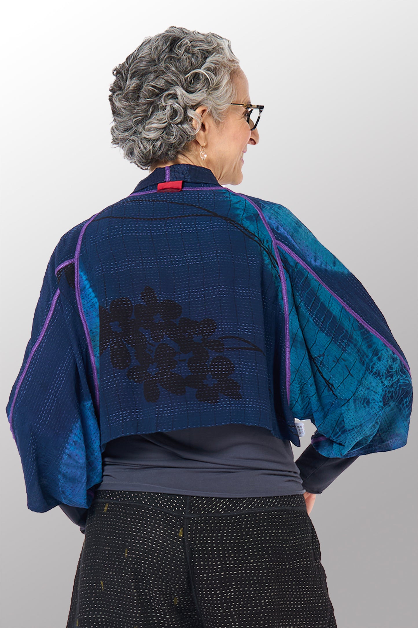 SHIBORI TIE DYE GEORGETTE VINTAGE SILK PATCH KANTHA PUFF SLV. SHRUG - st-gs2062-nvy -