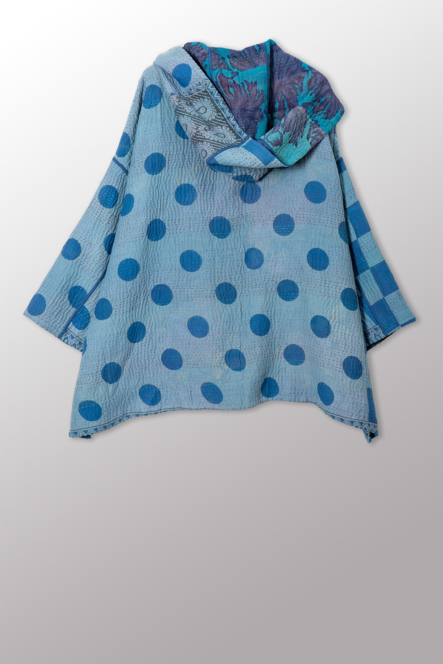 VINTAGE SILK GEORGETTE COTTON KANTHA HOODIE PONCHO - gc4064-0001a -