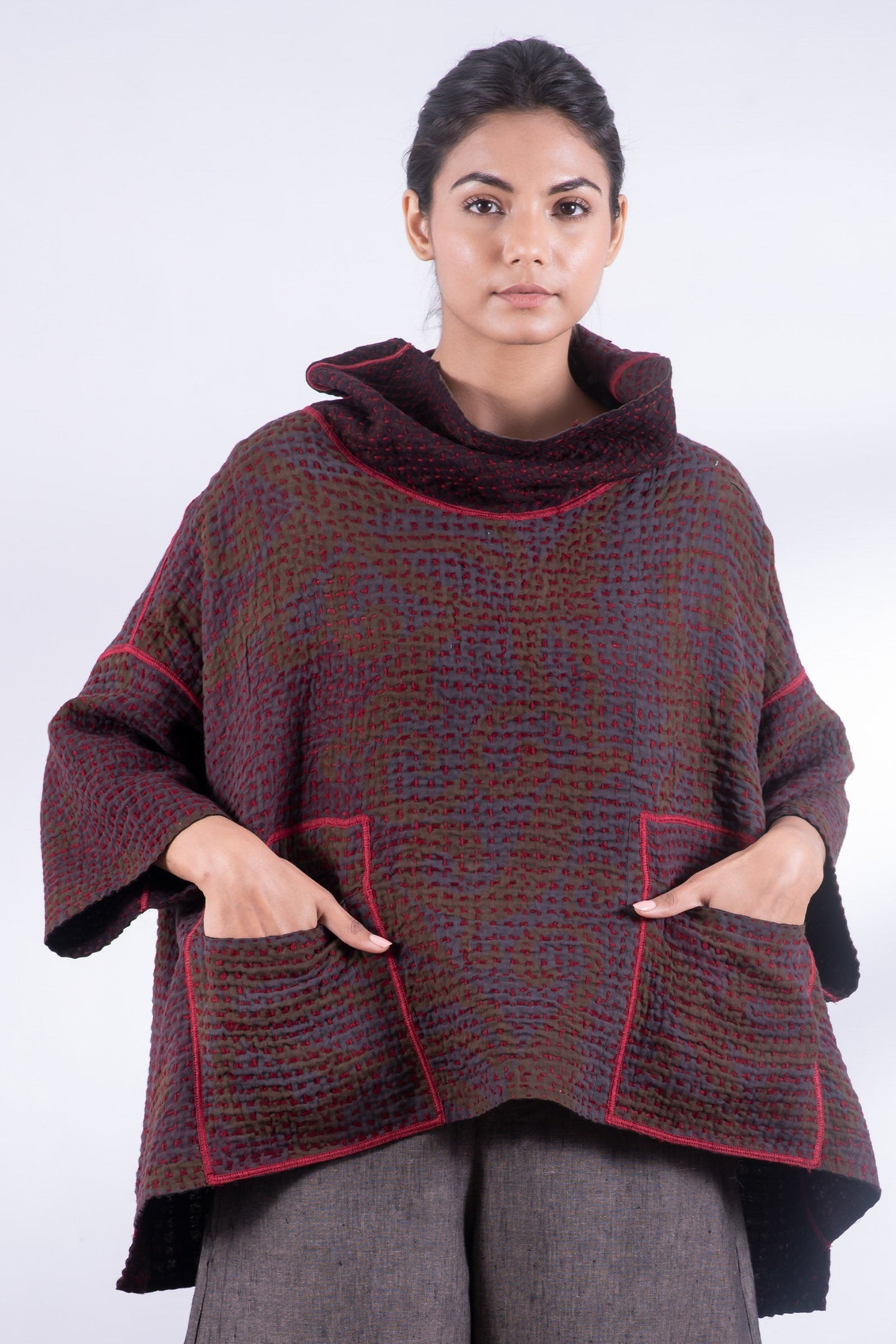 WOOL WAFFLE KANTHA COWL NECK PONCHO - ww3061-red -