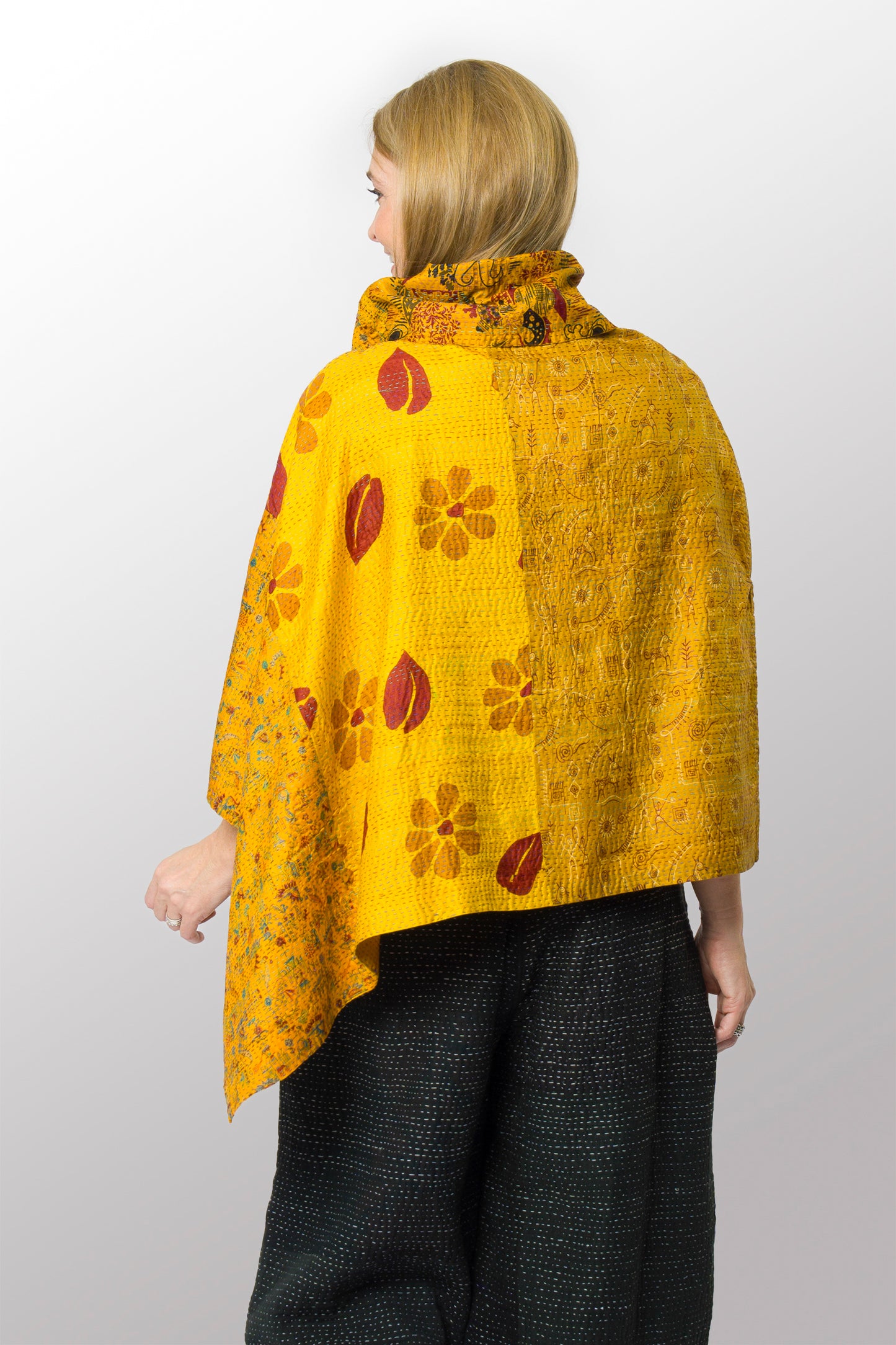VINTAGE SILK KANTHA COWL NECK LONG CAPE - sv2842-mlt -