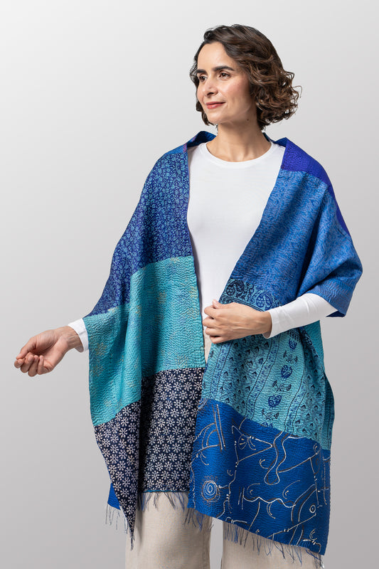 VINTAGE SILK PATCH KANTHA SCARF STANDARD - vp2801-blu -