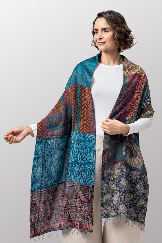 GEORGETTE VINTAGE SILK PATCH KANTHA SCARF STANDARD - gs2801-tel -