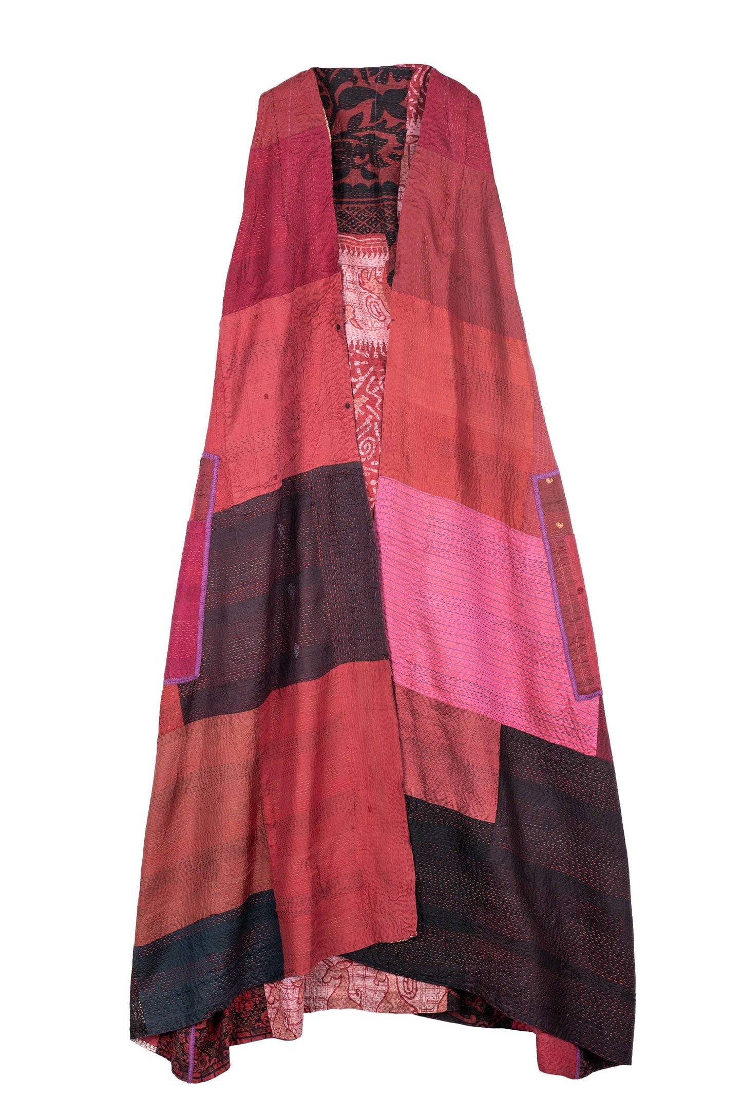 VINTAGE SILK PATCH KANTHA BACK PLEATED VEST MAXI - vp2222-red -