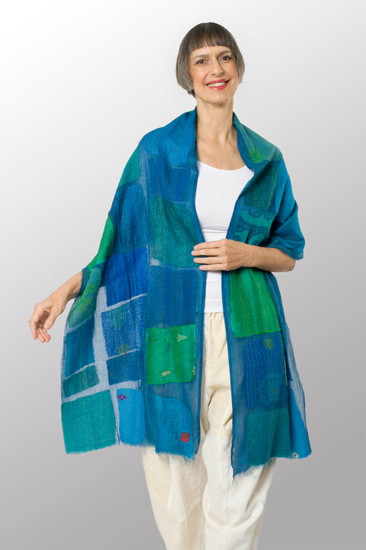 TONAL TILE PATCH KANTHA SCARF STANDARD - tt2801-blu -
