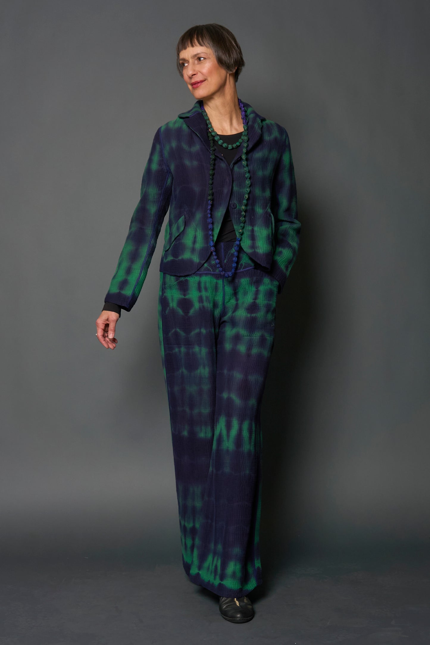 MONE SHIBORI TIE DYE KANTHA CROPPED BASIC JACKET - ms4096-grn -