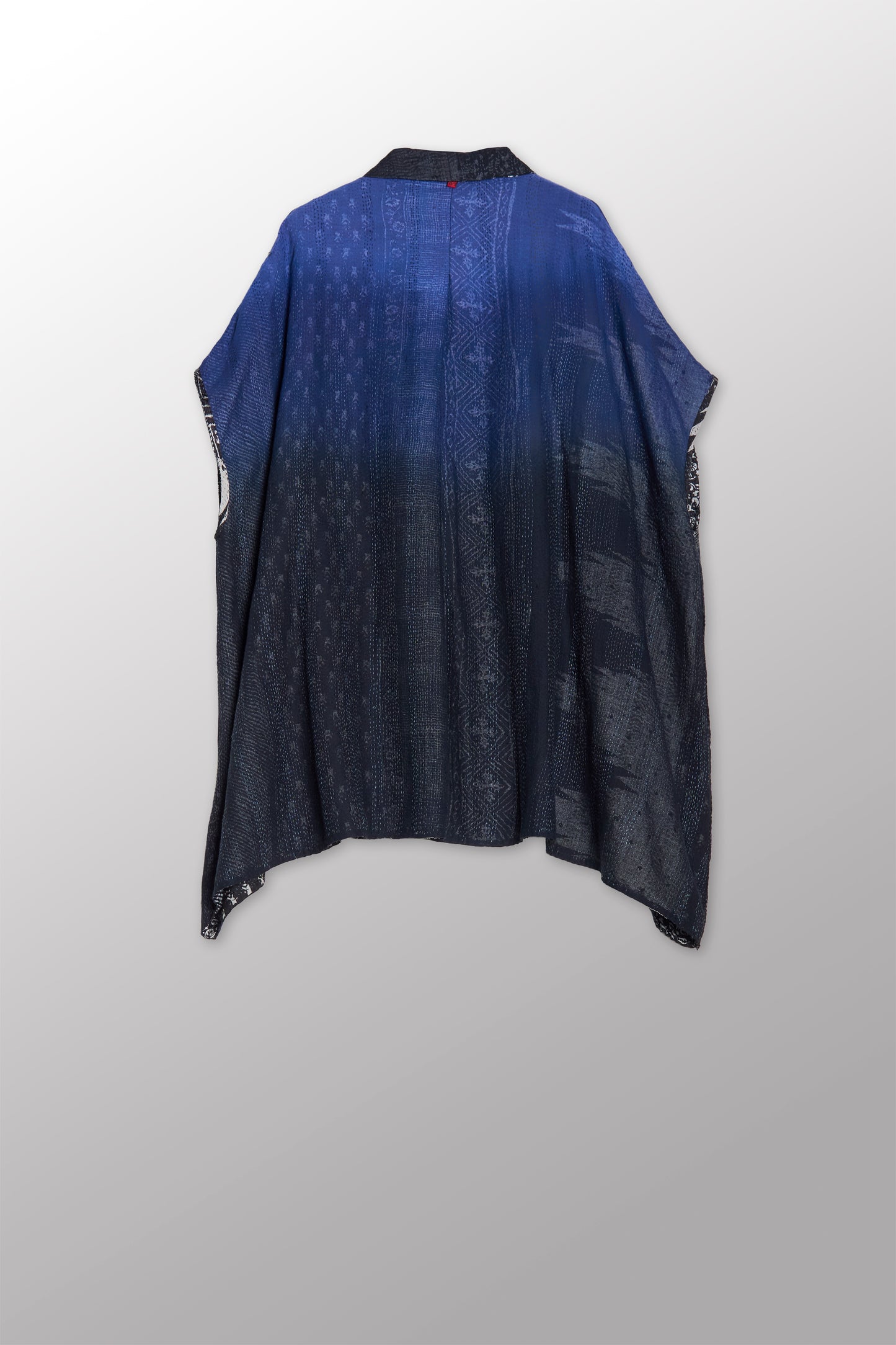 SILK COTTON OMBRE PRINT KANTHA SHIRT PONCHO - os2545-blk -