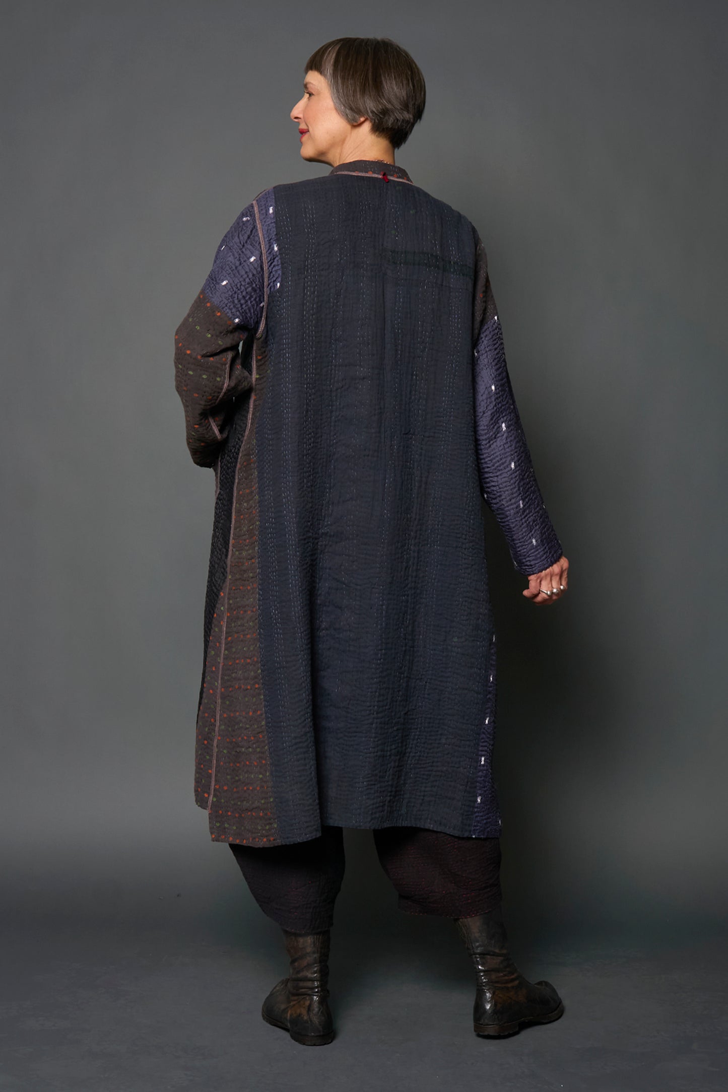 JEWEL WOVEN WITH VERTICAL PATCH KANTHA KAFTAN COAT - jv4343-blk -
